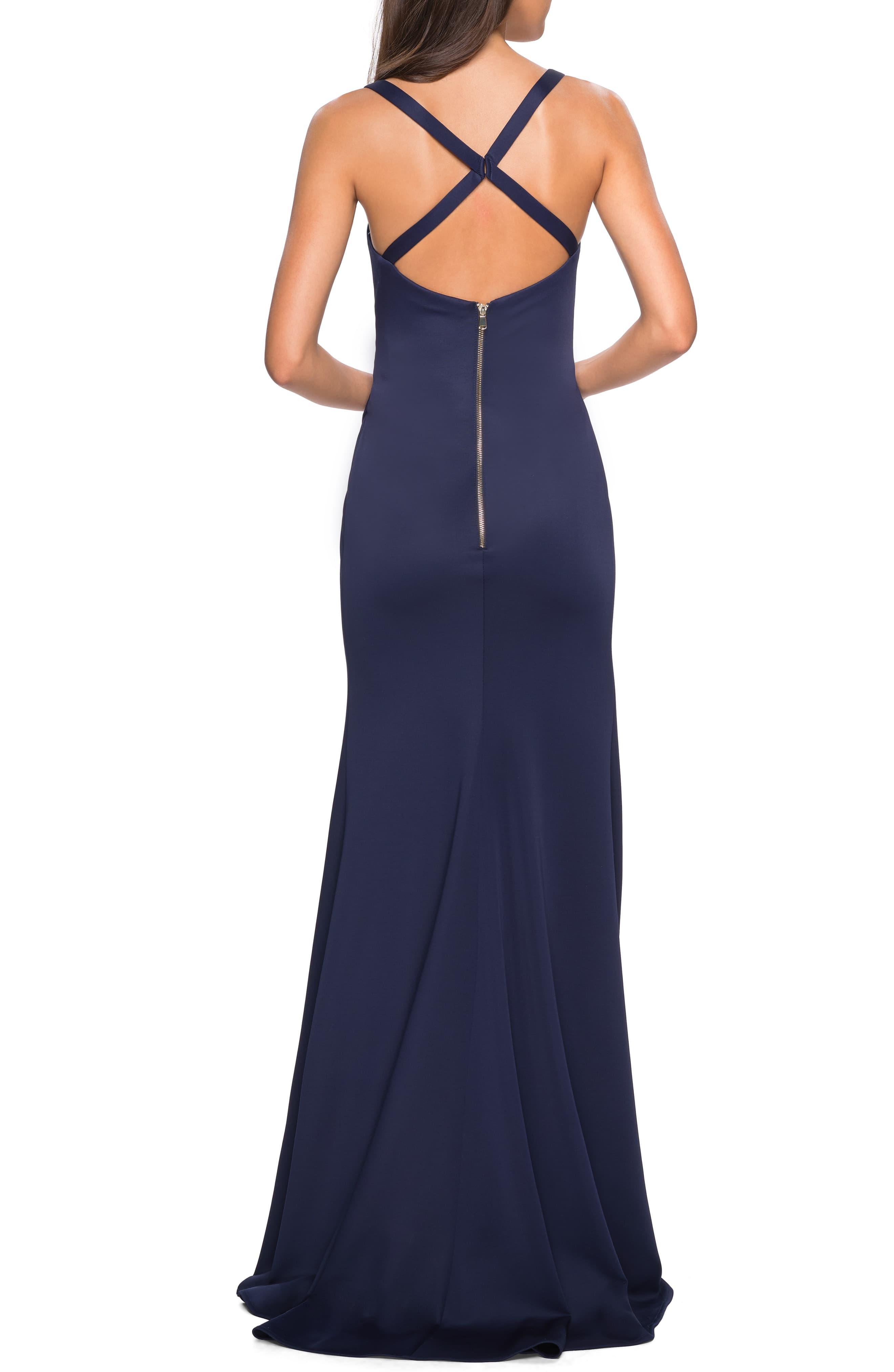 La Femme Ruched Jersey A-line Gown in Navy (Blue) - Lyst