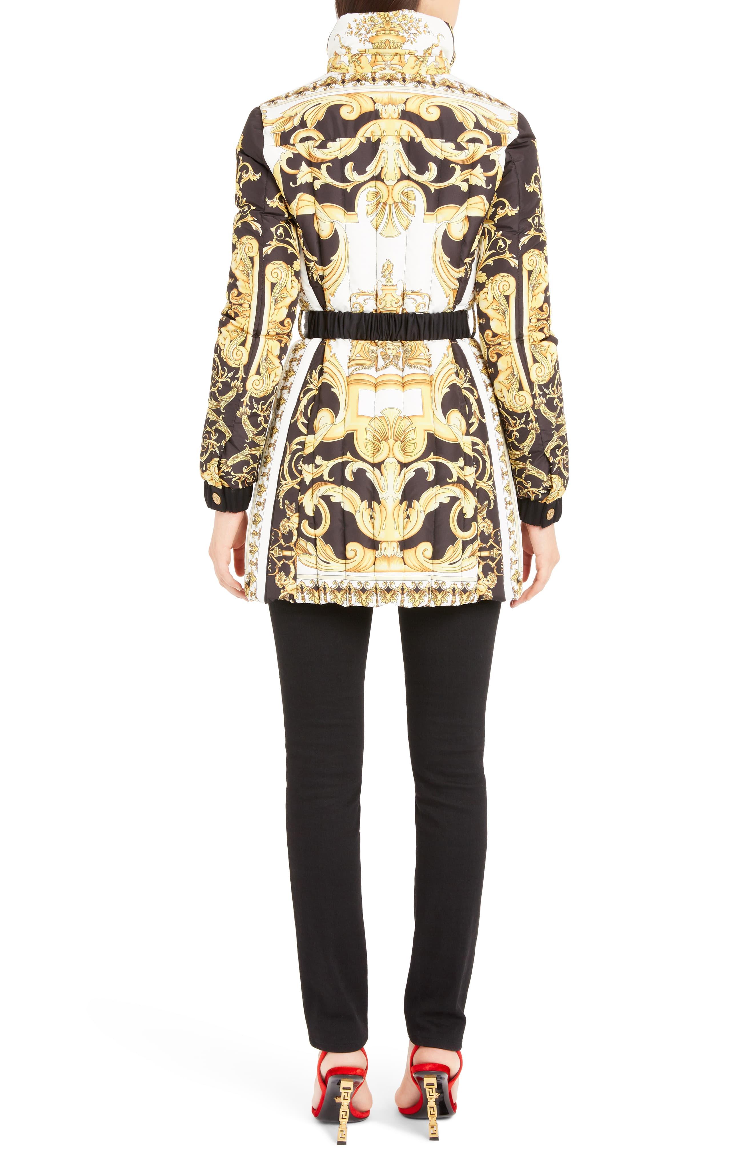 Versace Stamp Print Genuine Fox Fur Trim Quilted Coat in Yellow - Lyst