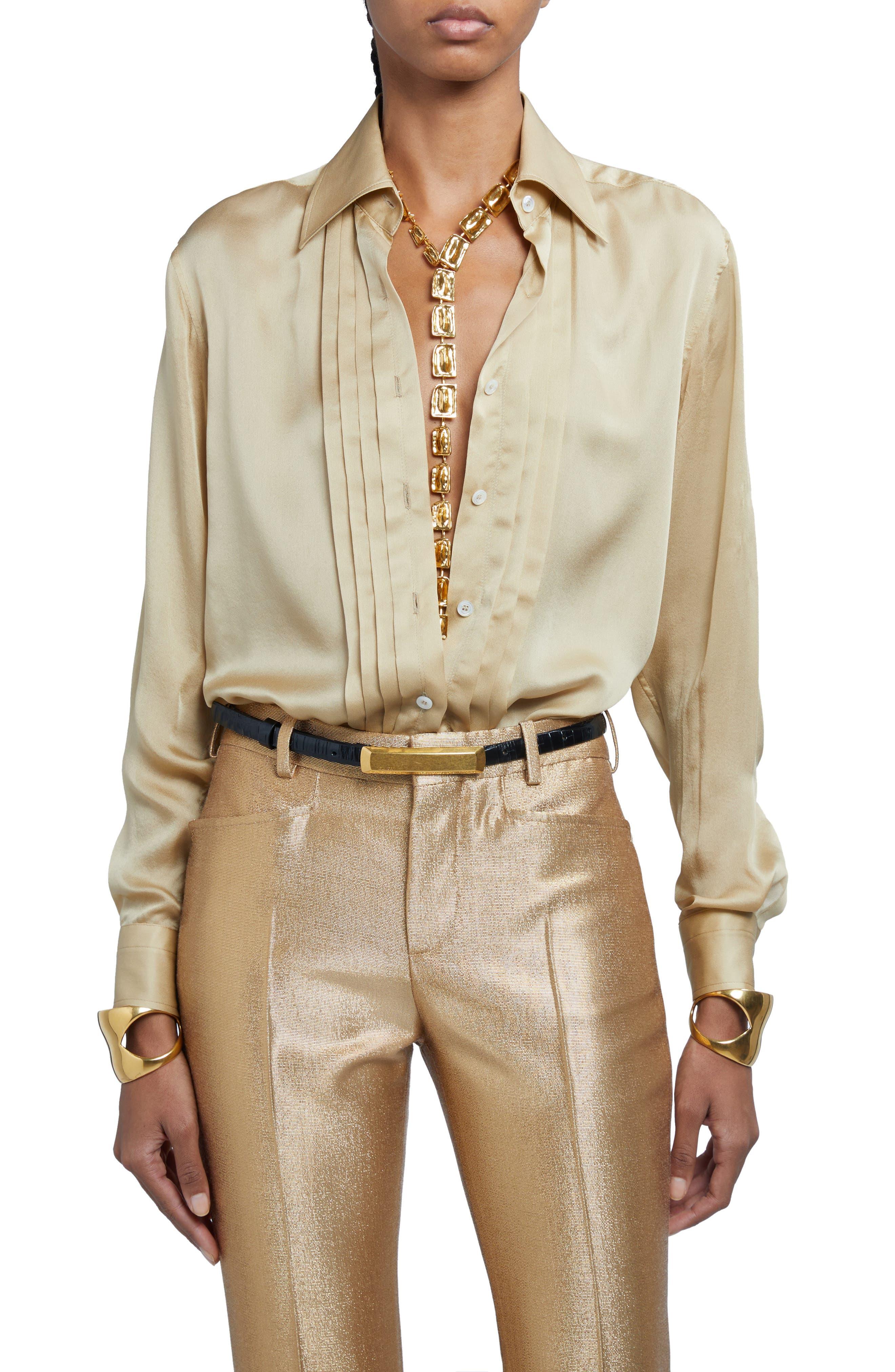 Tom Ford Pleated Plastron Silk Charmeuse Button-up Shirt in