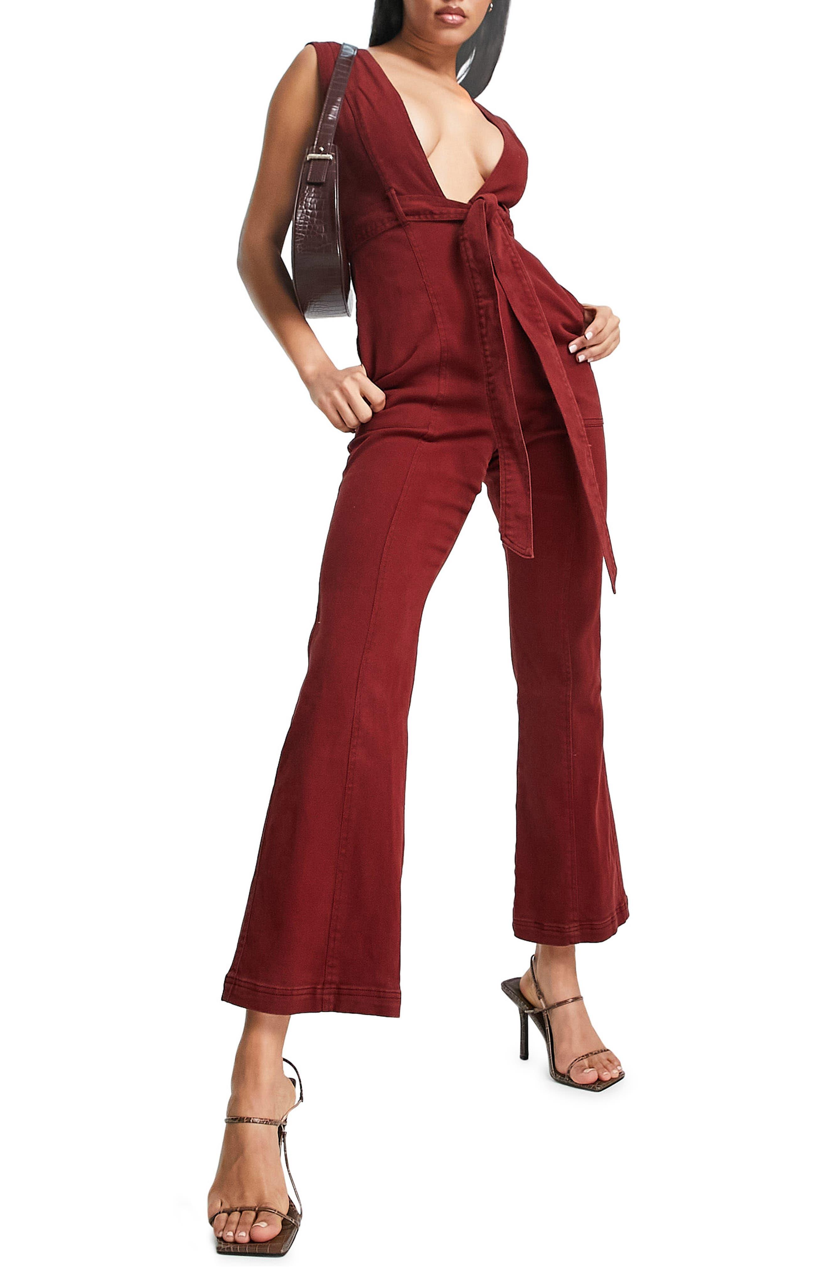 ASOS Plunge Cotton Stretch Twill Jumpsuit in Red Lyst