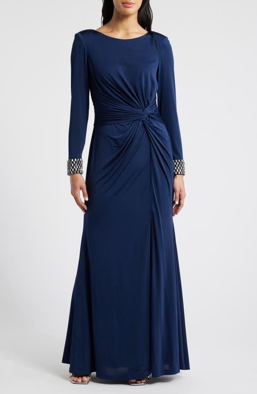 Vince Camuto Center Knot Beaded Cuff Long Sleeve Jersey Gown in