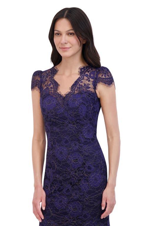 Eliza J Eyelash Lace Cap Sleeve Trumpet Gown in Blue Lyst