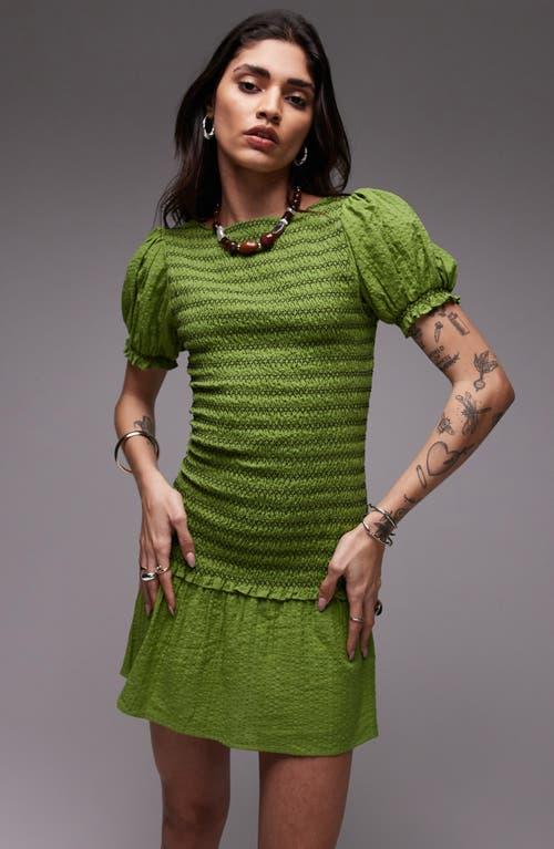 TOPSHOP Shirred Mini Dress With Contrast Stitch in Green | Lyst