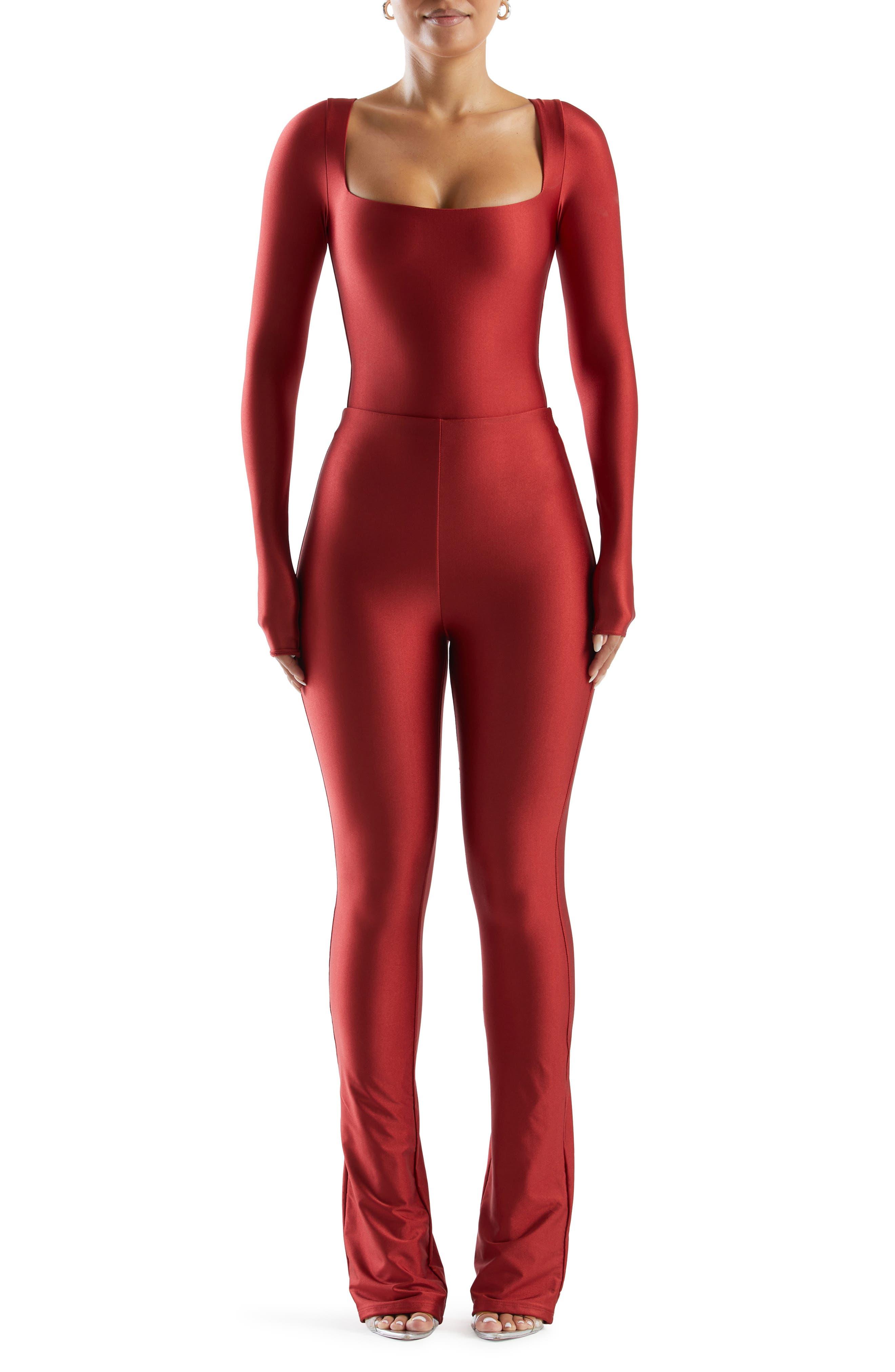 Naked Wardrobe Squa Away Long Sleeve Bodysuit At Nordstrom in Red