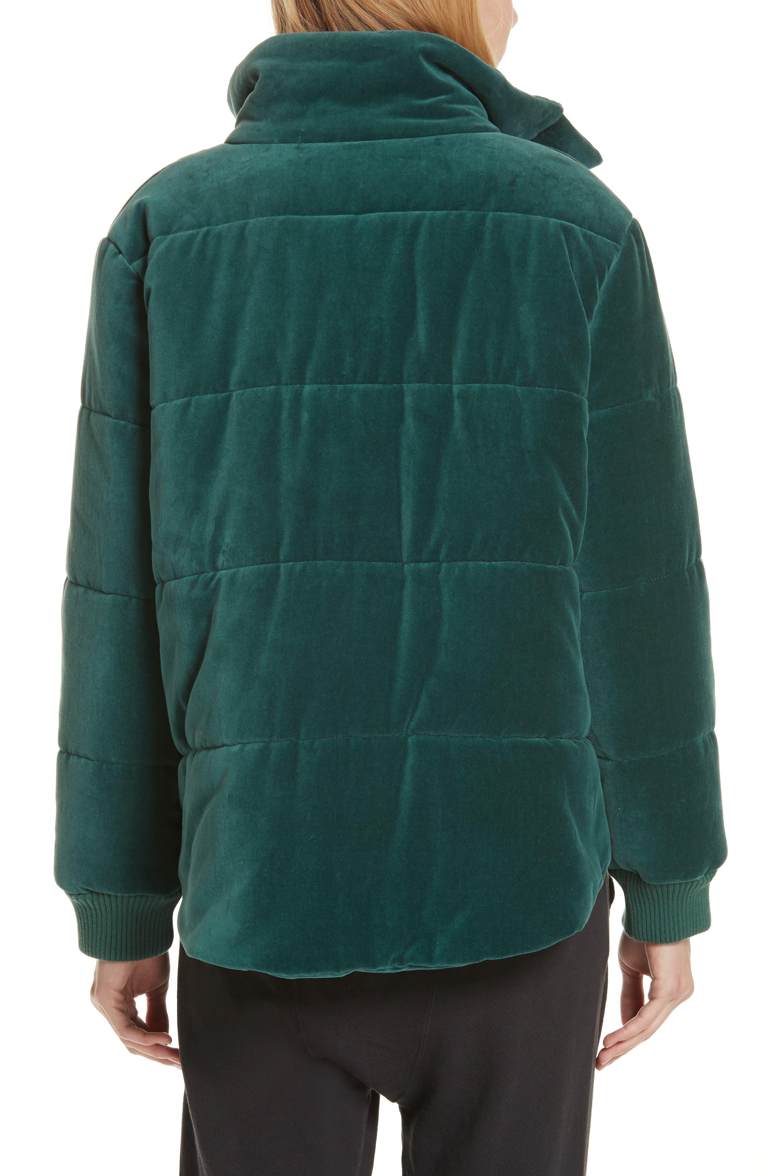 velvet green puffer jacket