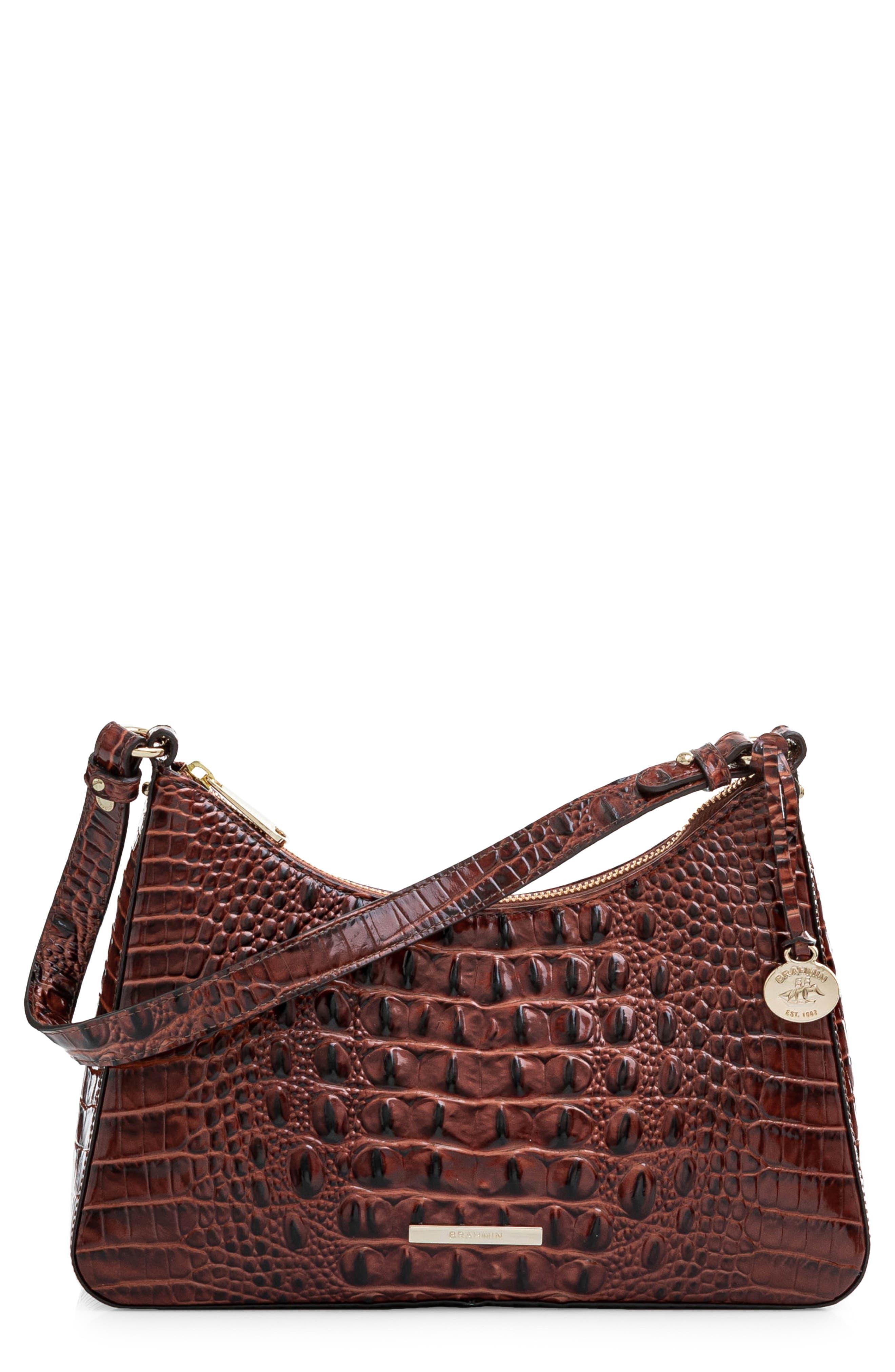brahmin crossbody handbag purse pecan brown leather croc embossed