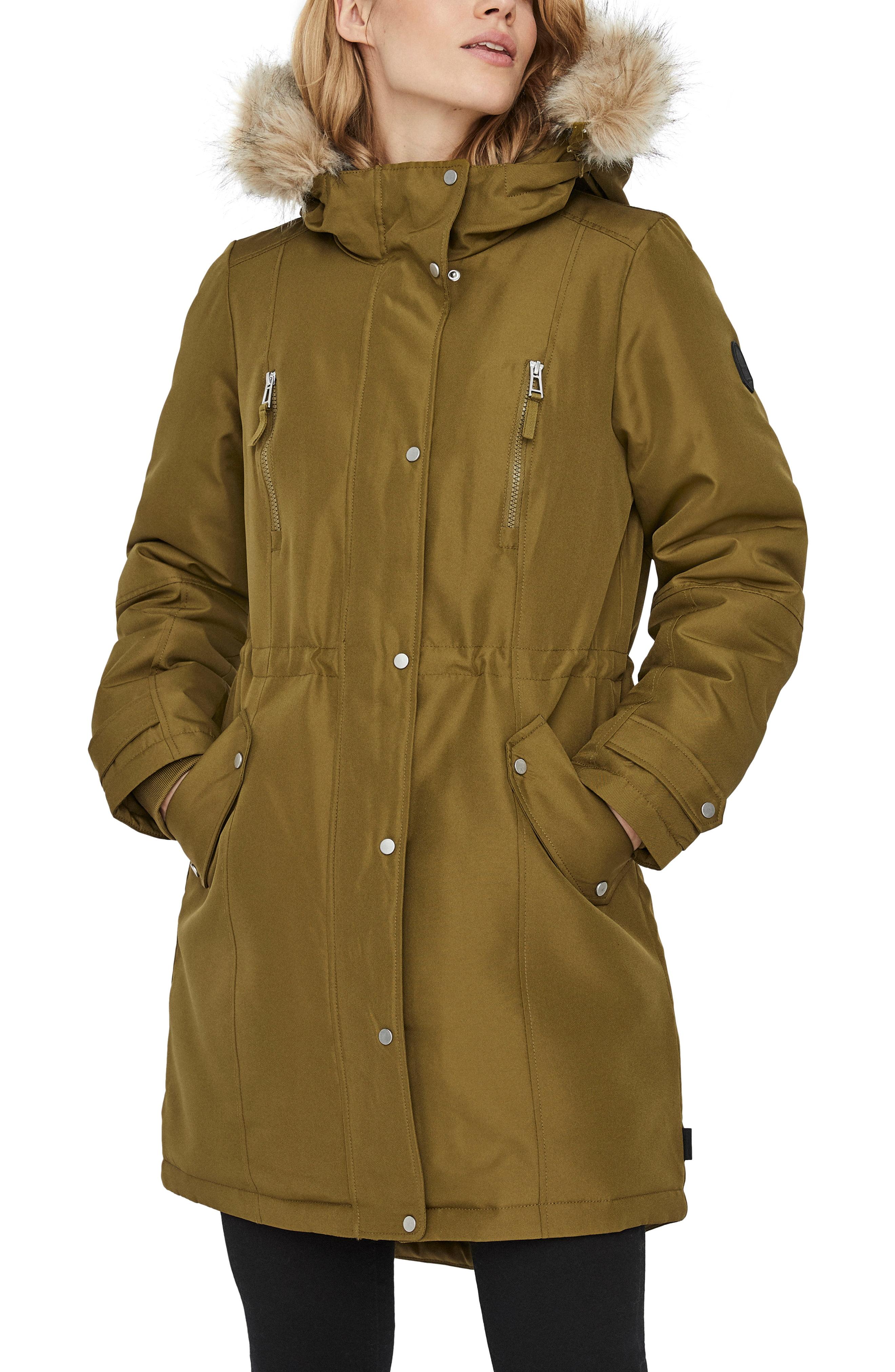 Vero Moda Expedition Track Parka With Faux Fur Trim Hood in Green - Lyst