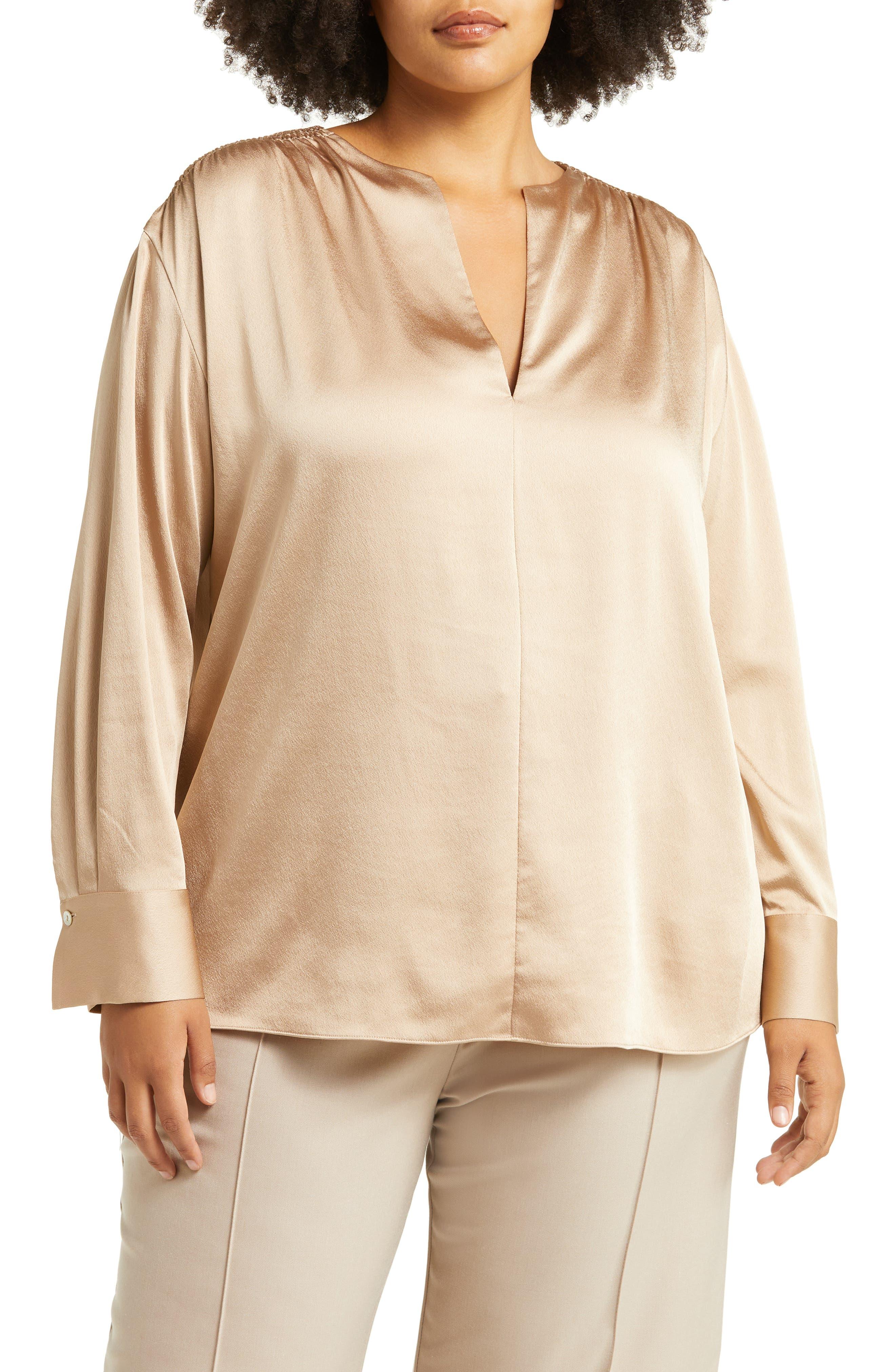 Vince Smocked Shoulder Long Sleeve Satin Blouse in Natural Lyst