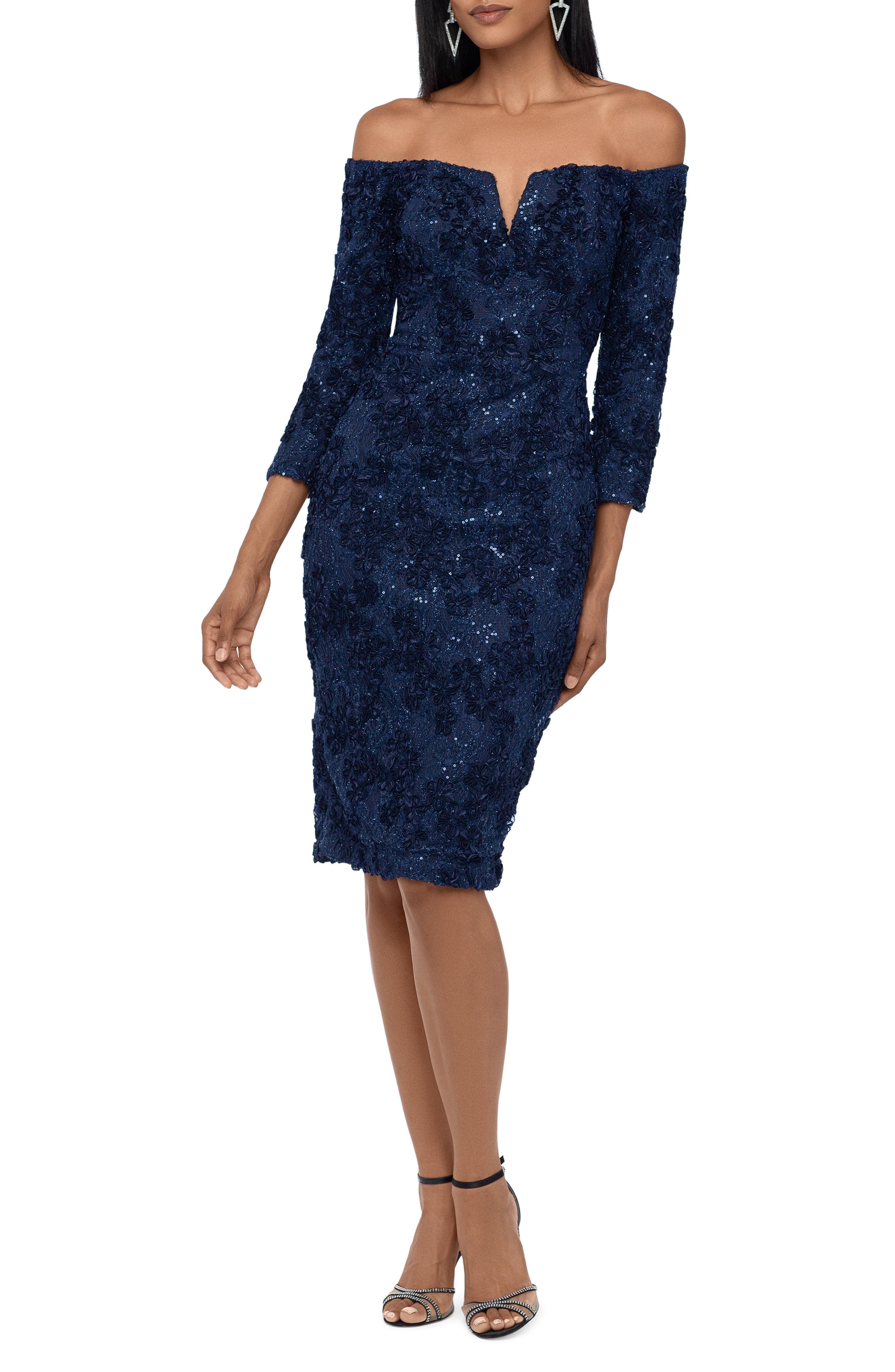xscape off the shoulder glitter gown