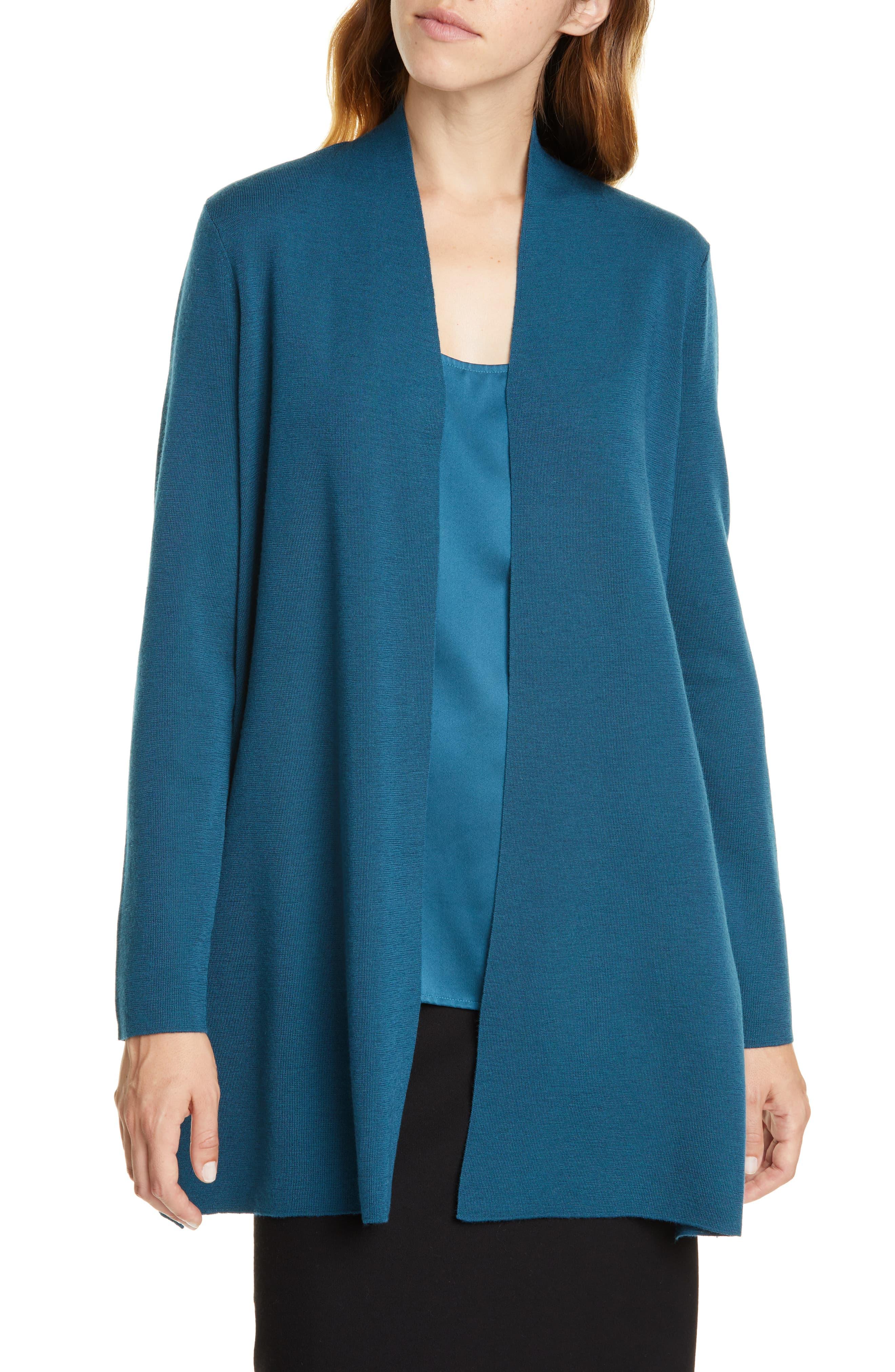 Eileen Fisher Wool Merino Straight Long Cardigan in Blue - Lyst