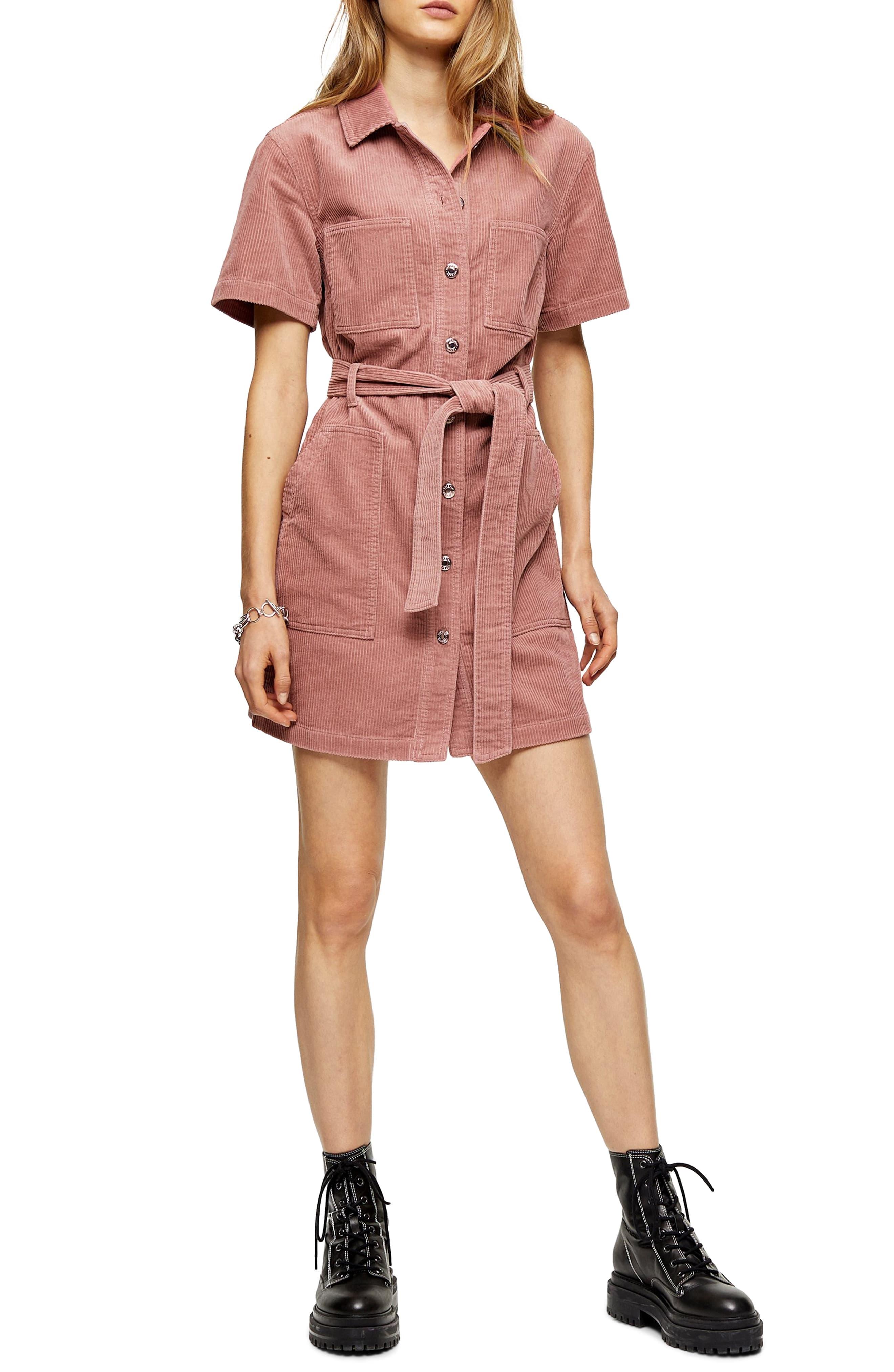 TOPSHOP Corduroy Short Sleeve Shirt Dress in Pink | Lyst