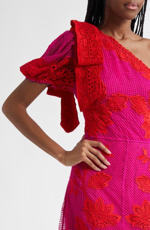 farm rio bicolor guipure one-shoulder maxi dress Farm Rio Bicolor Guipure One-Shoulder Maxi Dress - Red