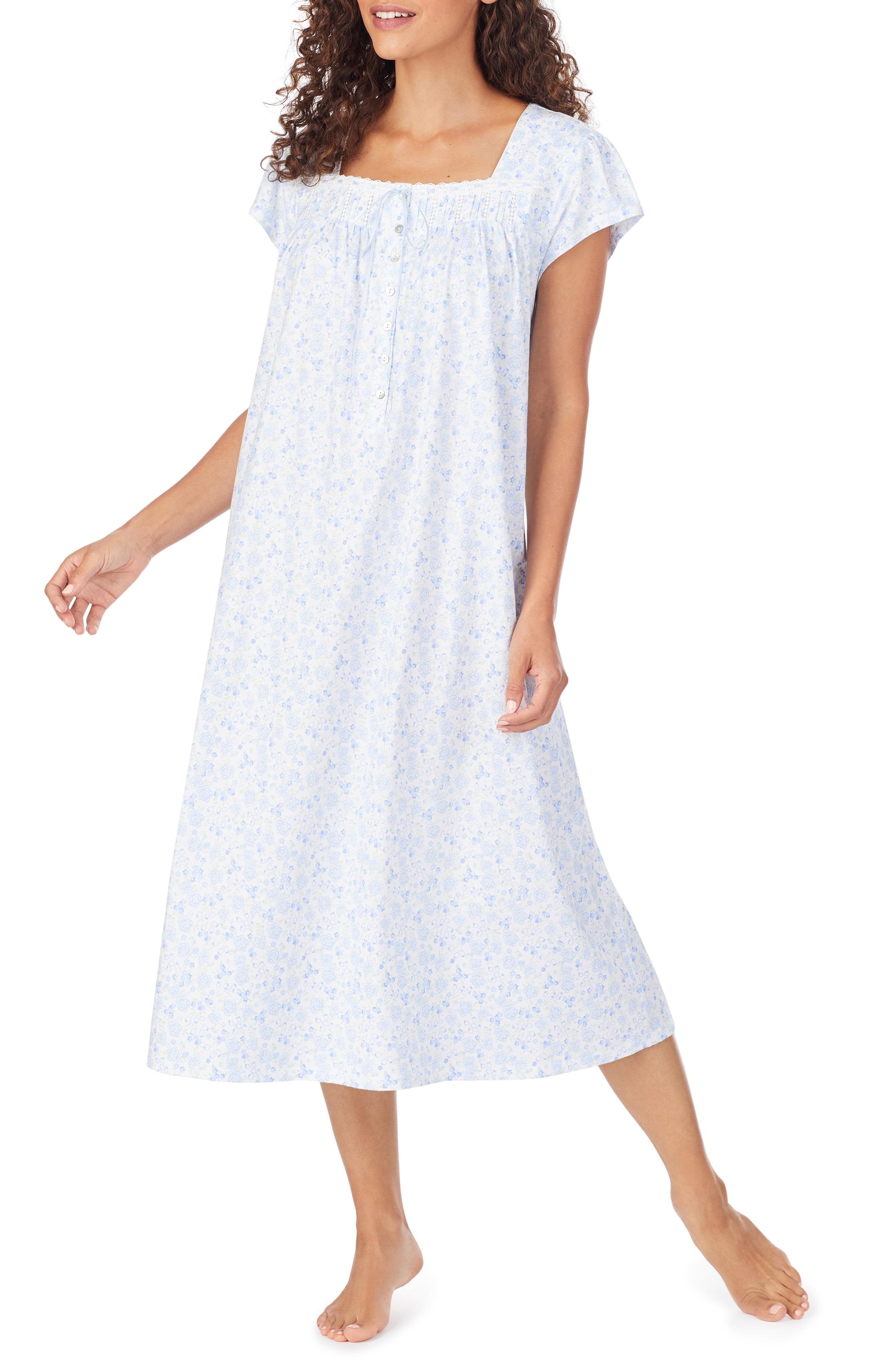 Eileen West Cotton Floral Print Lightweight Jersey Nightgown in White