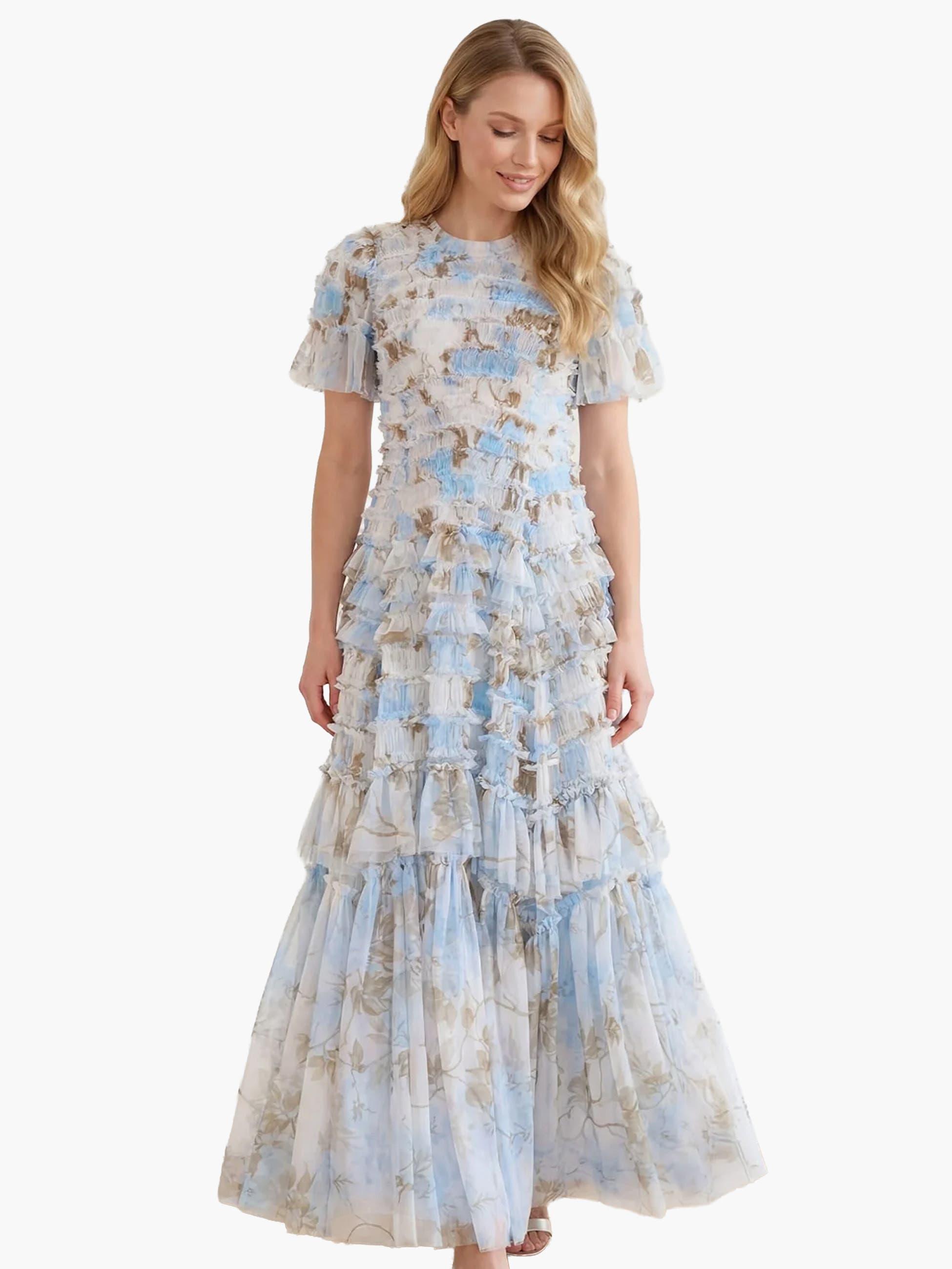 needle and thread dresses Antoinettes Floral Round Neck Ankle Gown quarter flare sleeves add a playful and feminine touch. Needle & Thread, Astral Gown