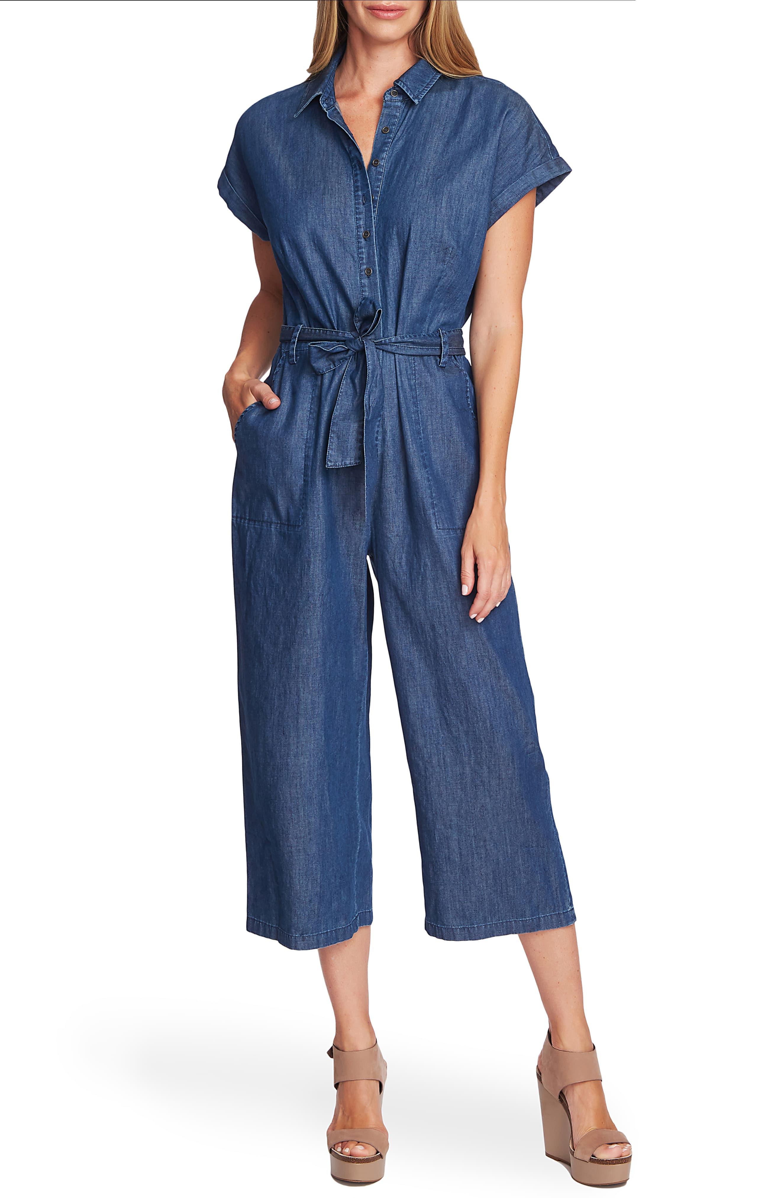 Vince Camuto Tie Waist Crop Denim Jumpsuit in Blue Lyst