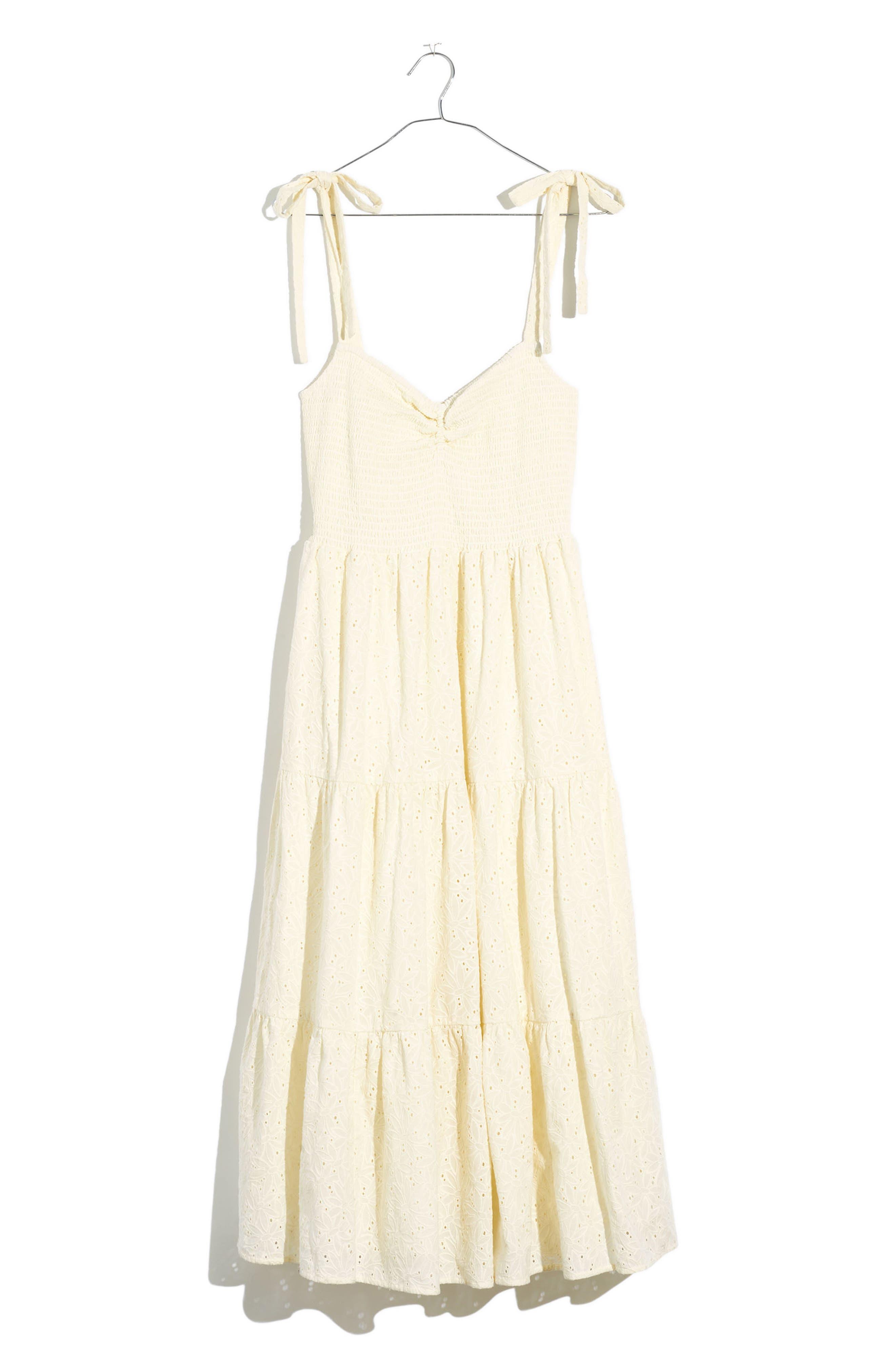 Madewell Eyelet Lucie Tie Strap Tiered Midi Dress in Natural | Lyst