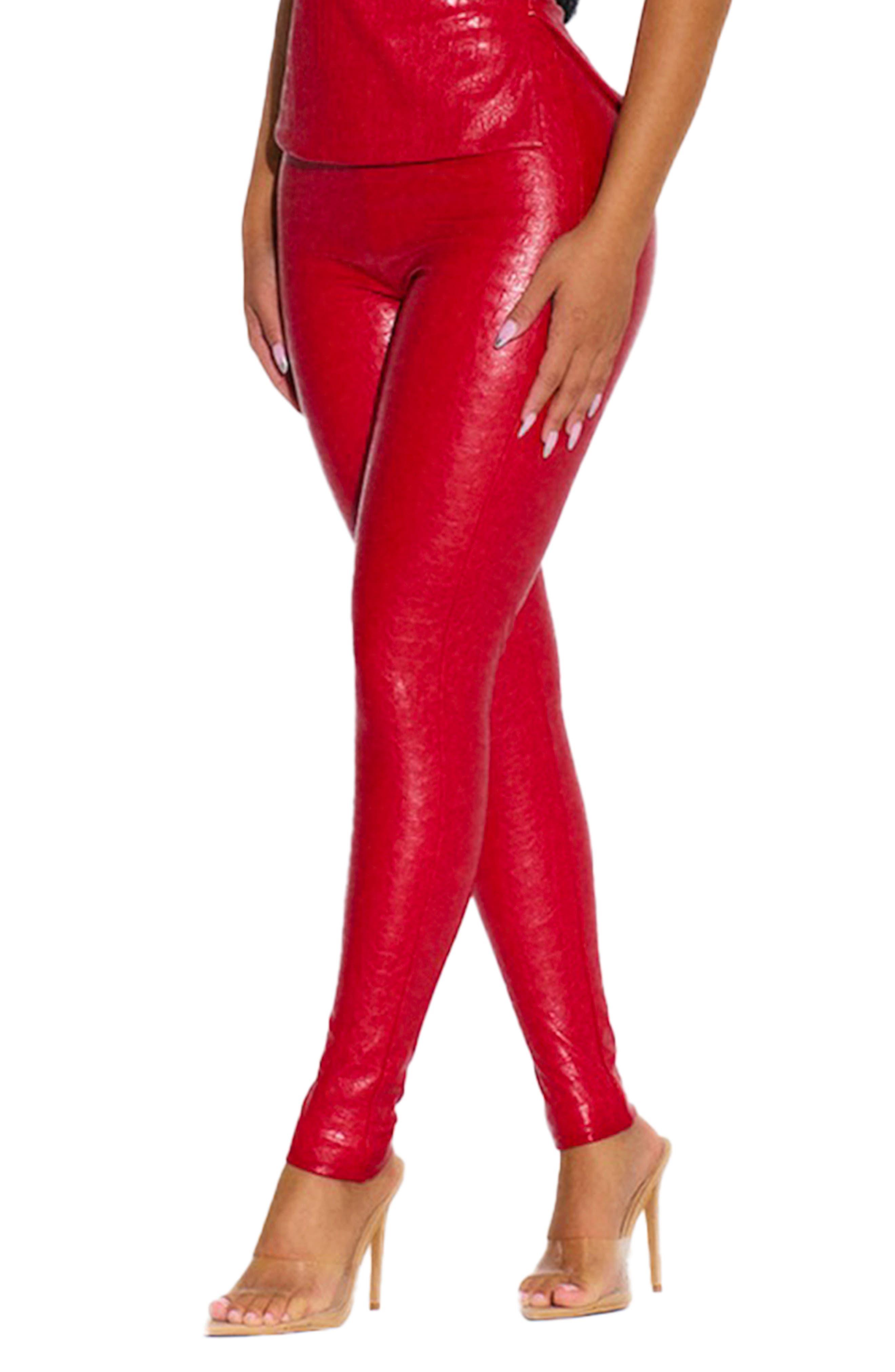 Naked Wardrobe Oh So Tight Crocodile Faux Leather leggings in Red