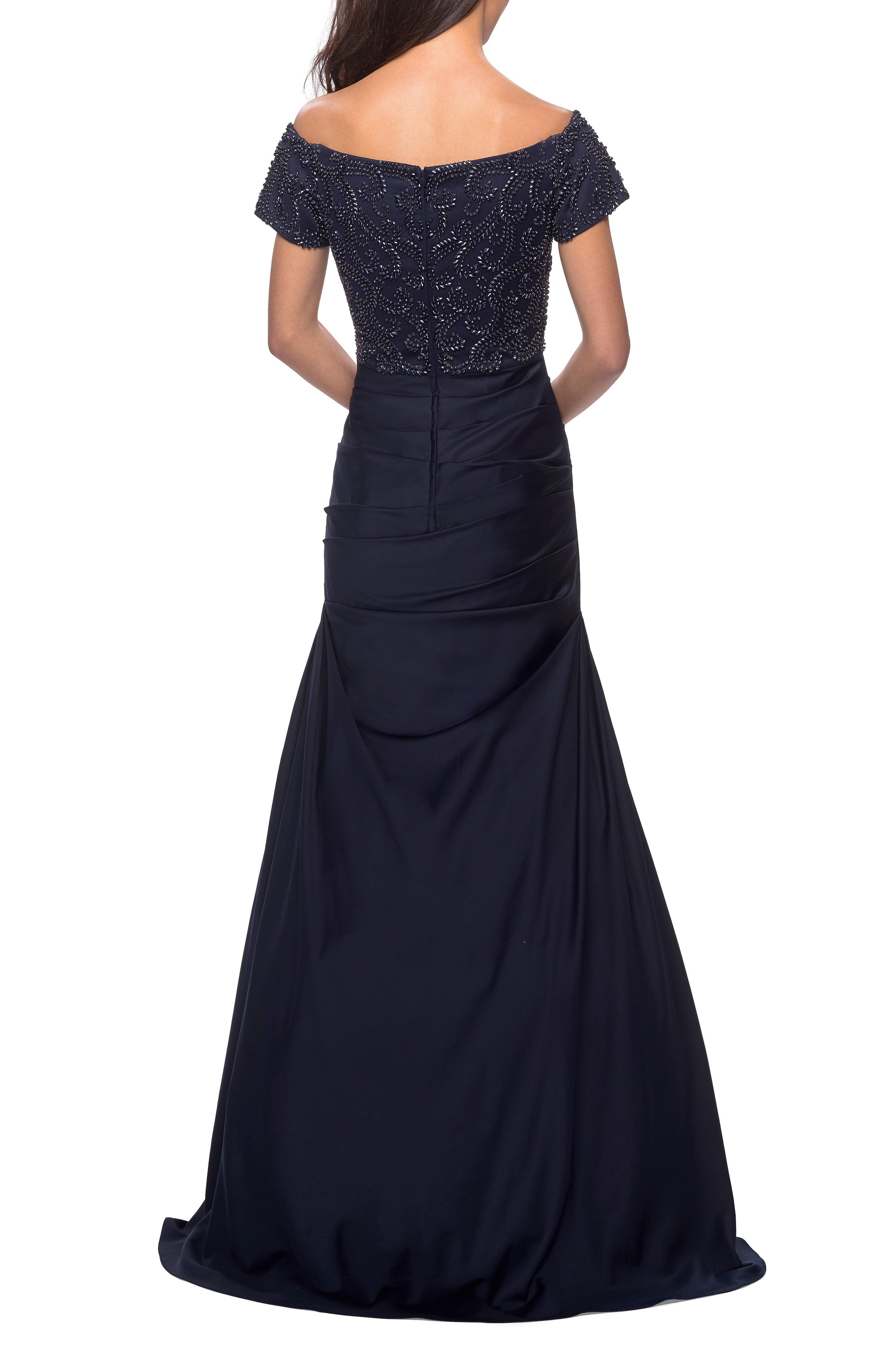 la femme beaded back off the shoulder gown