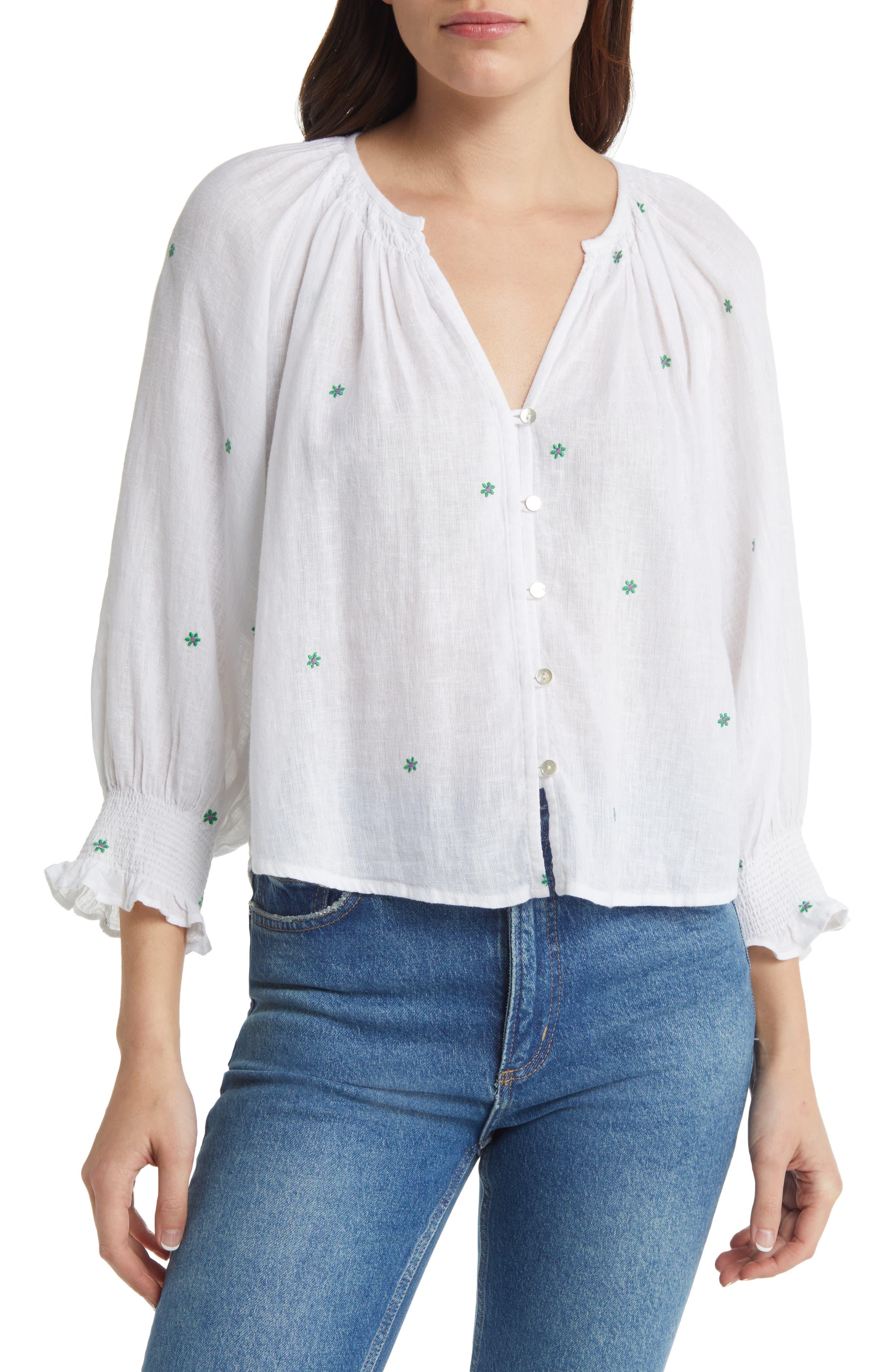 Rails Mariah Floral Embroidered Smocked Linen Blend Blouse in White | Lyst