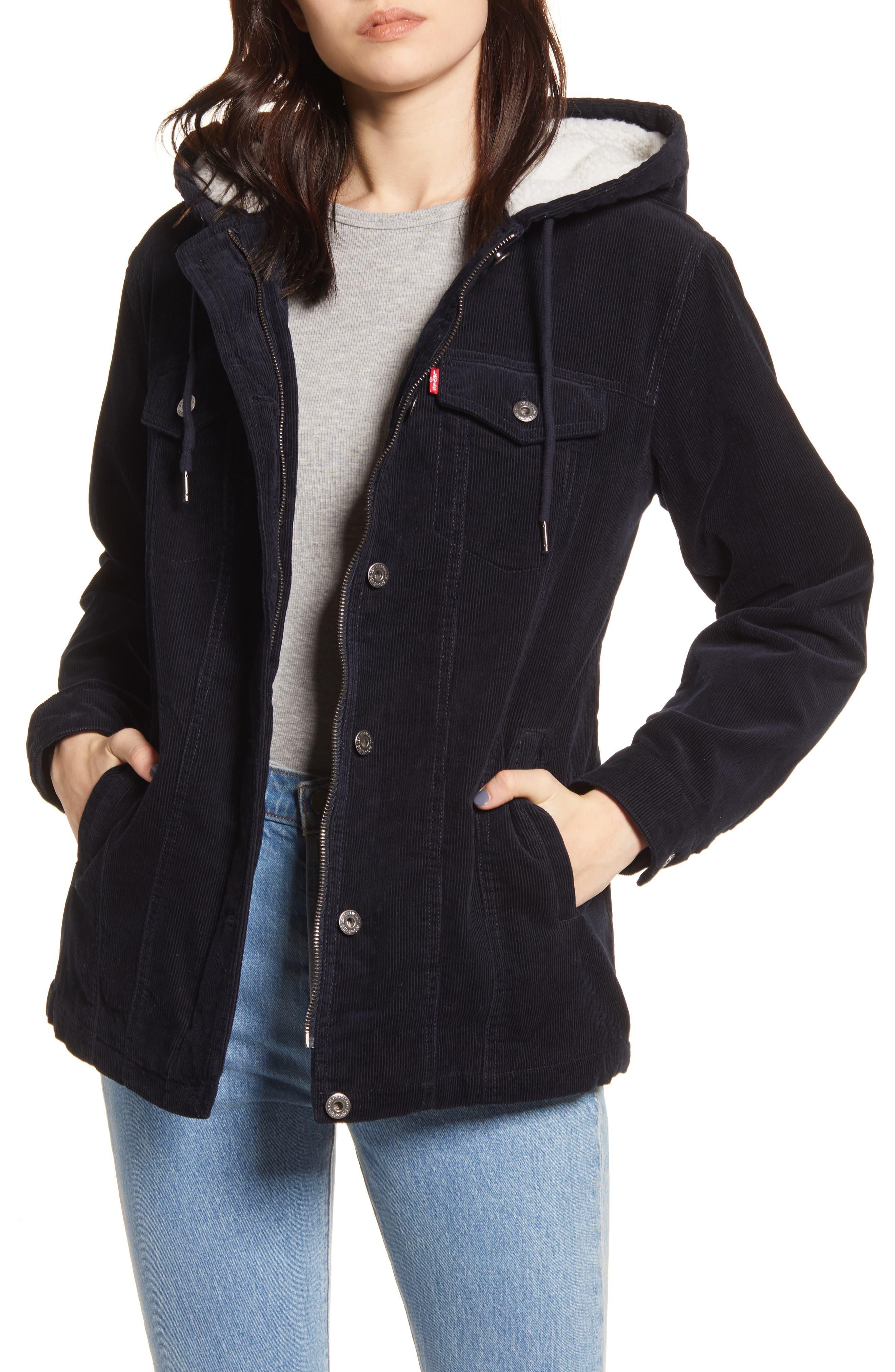 hooded corduroy trucker jacket 