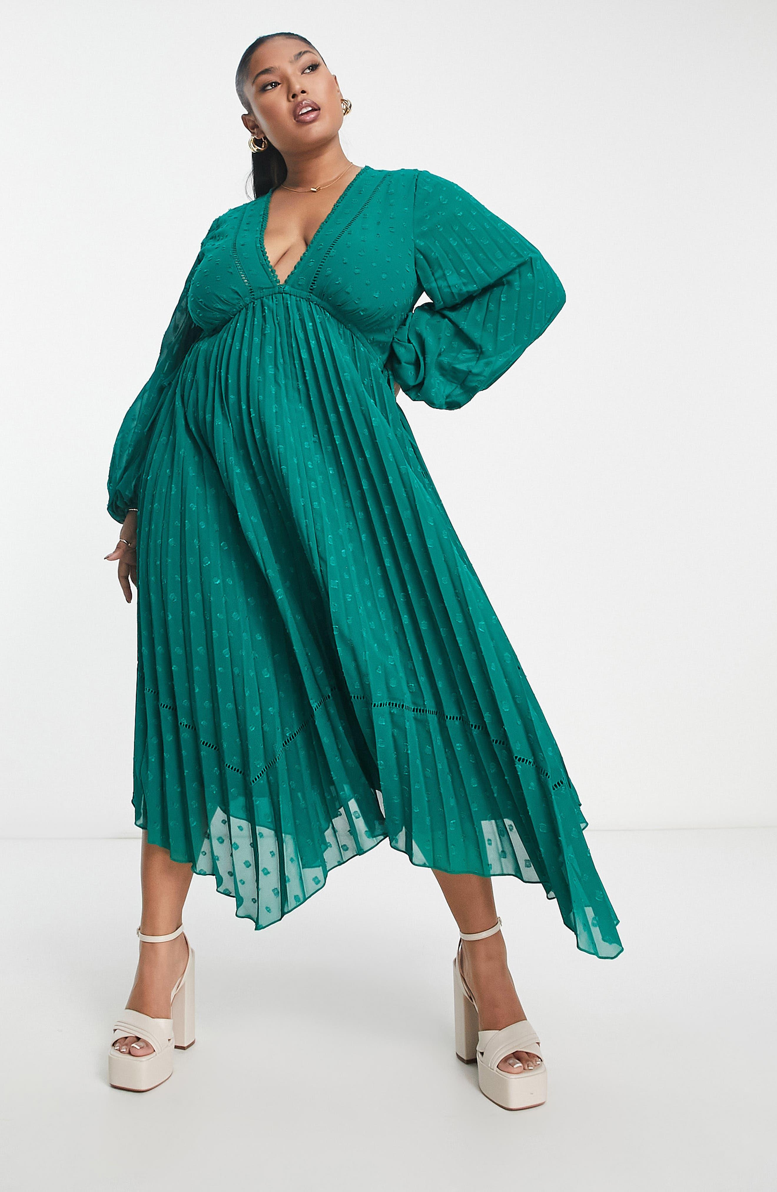 ASOS Curve Long Sleeve Dobby Cocktail Dress in Green | Lyst