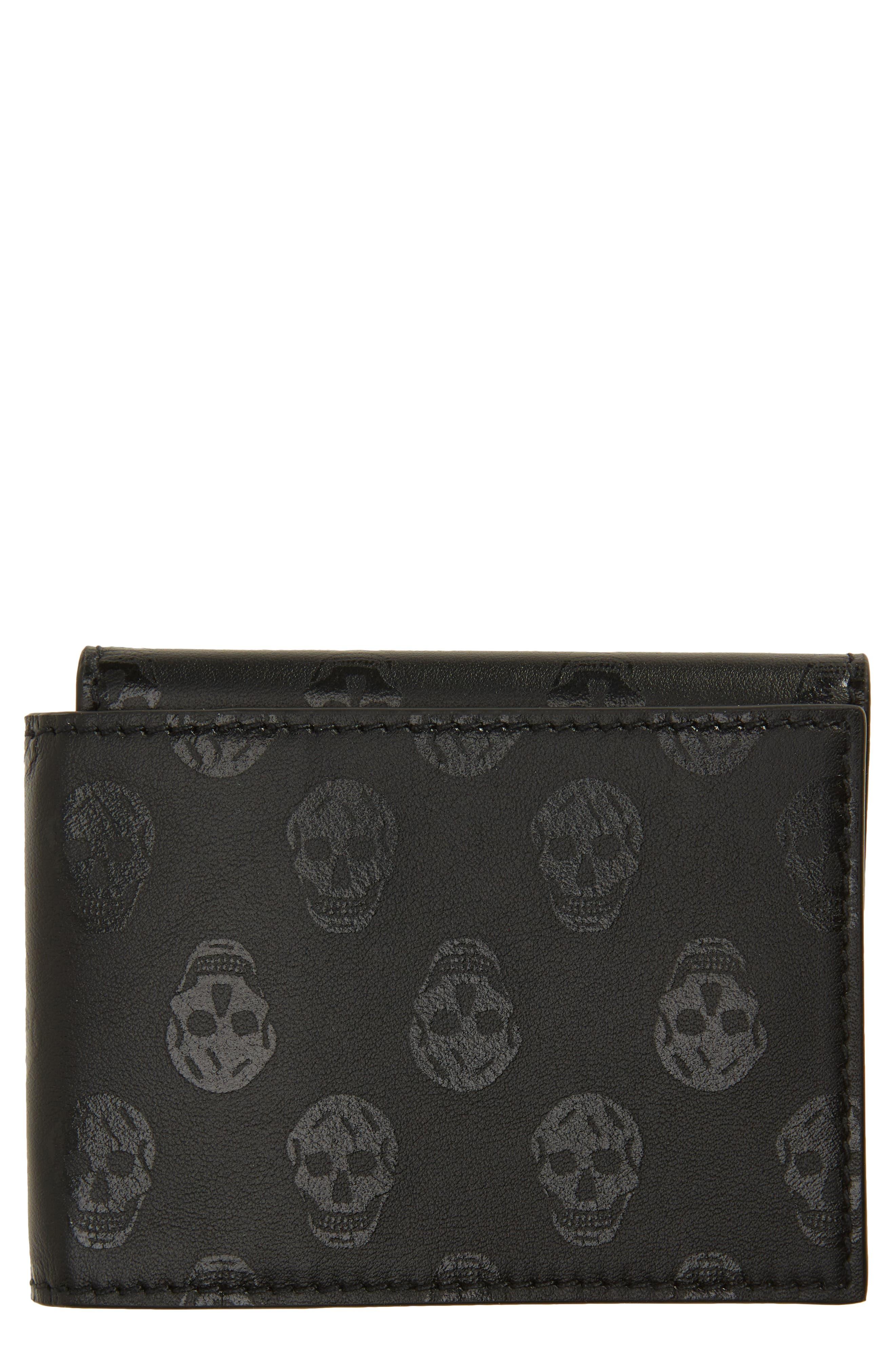 Alexander McQueen Tonal Skulls Leather Trifold Card Holder in Black for