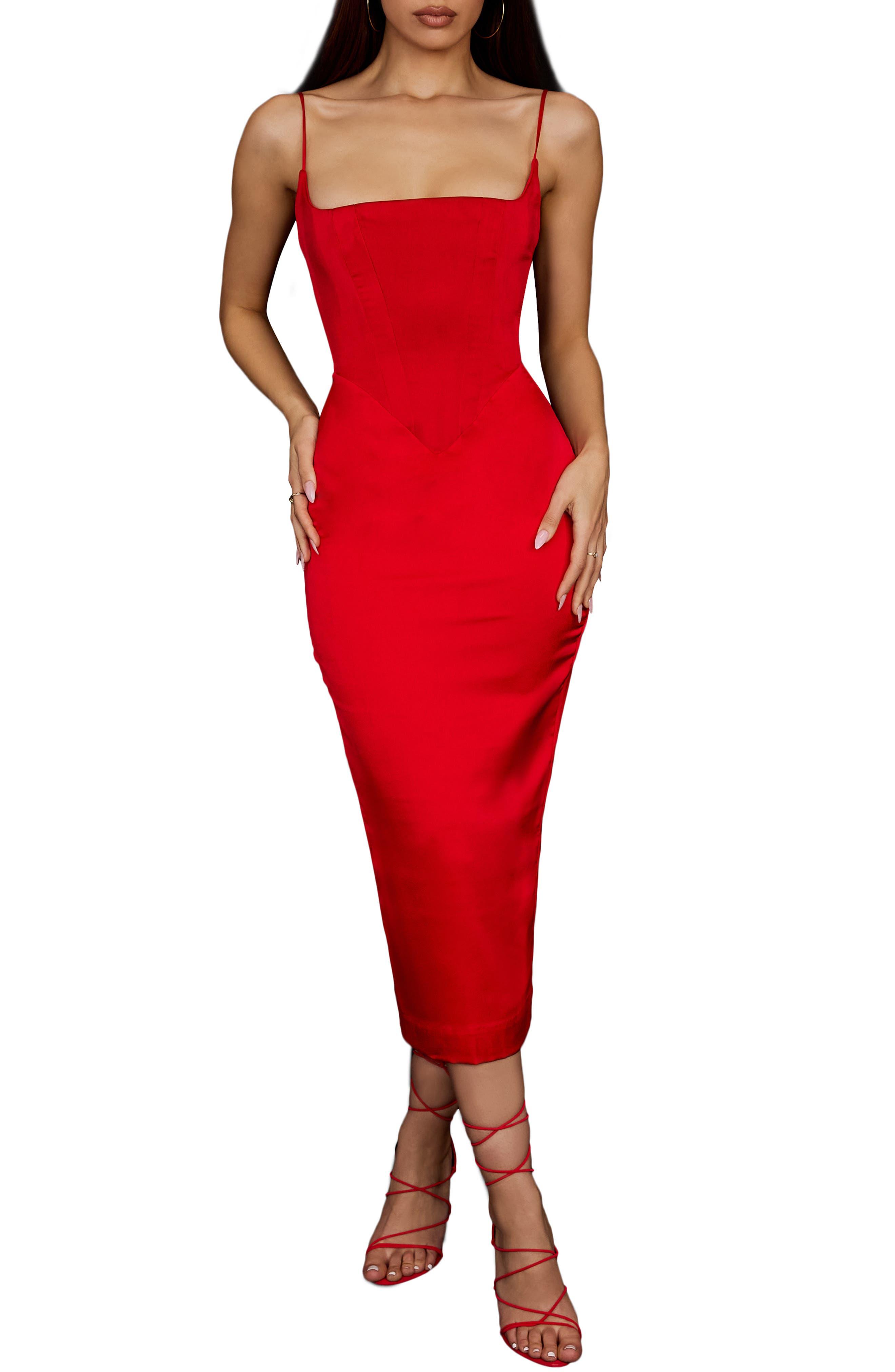 House Of Cb Anais Satin Corset Midi Dress in Red