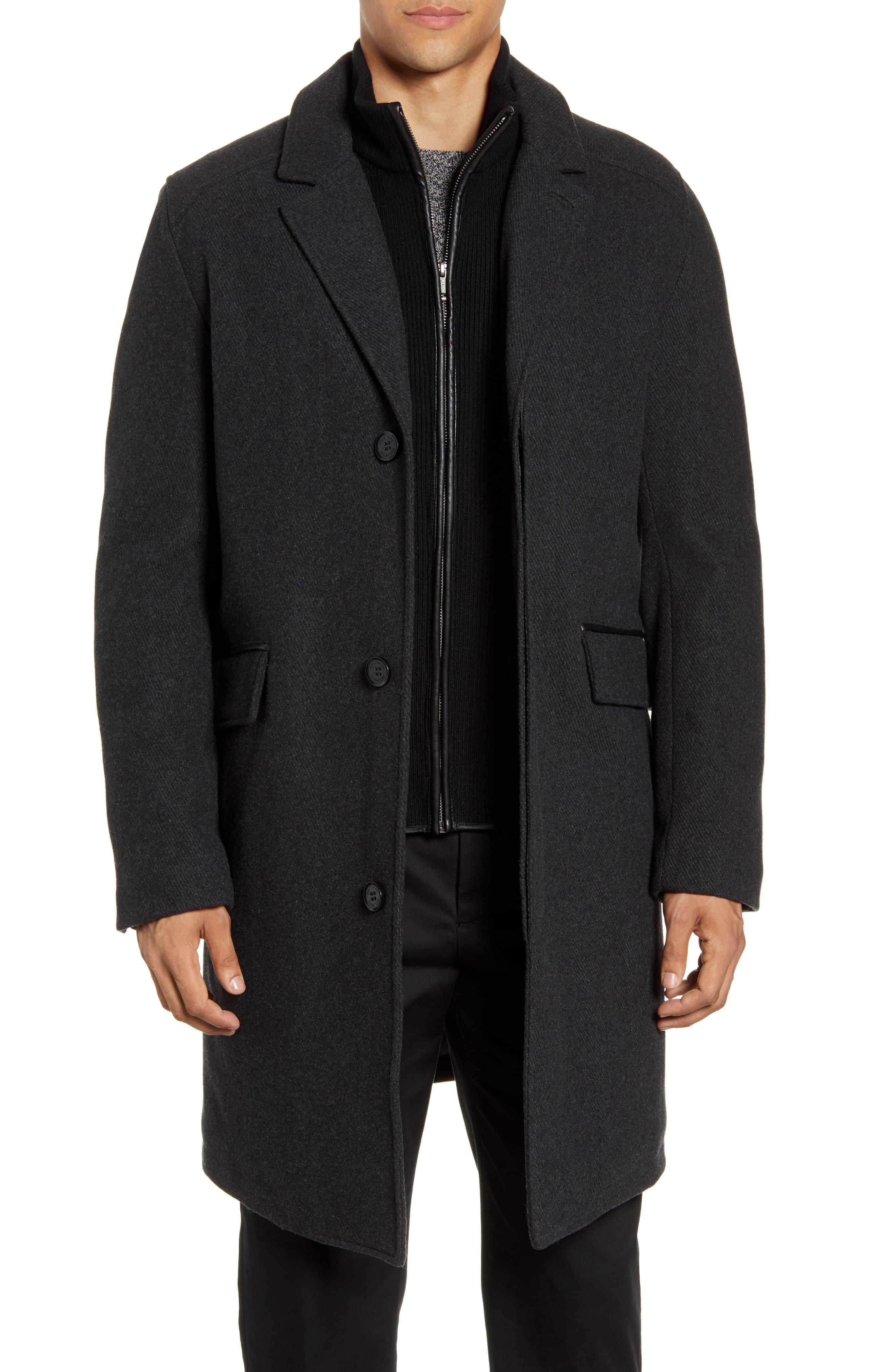 Cole Haan Wool Blend Overcoat With Knit Bib Inset in Charcoal (Gray ...