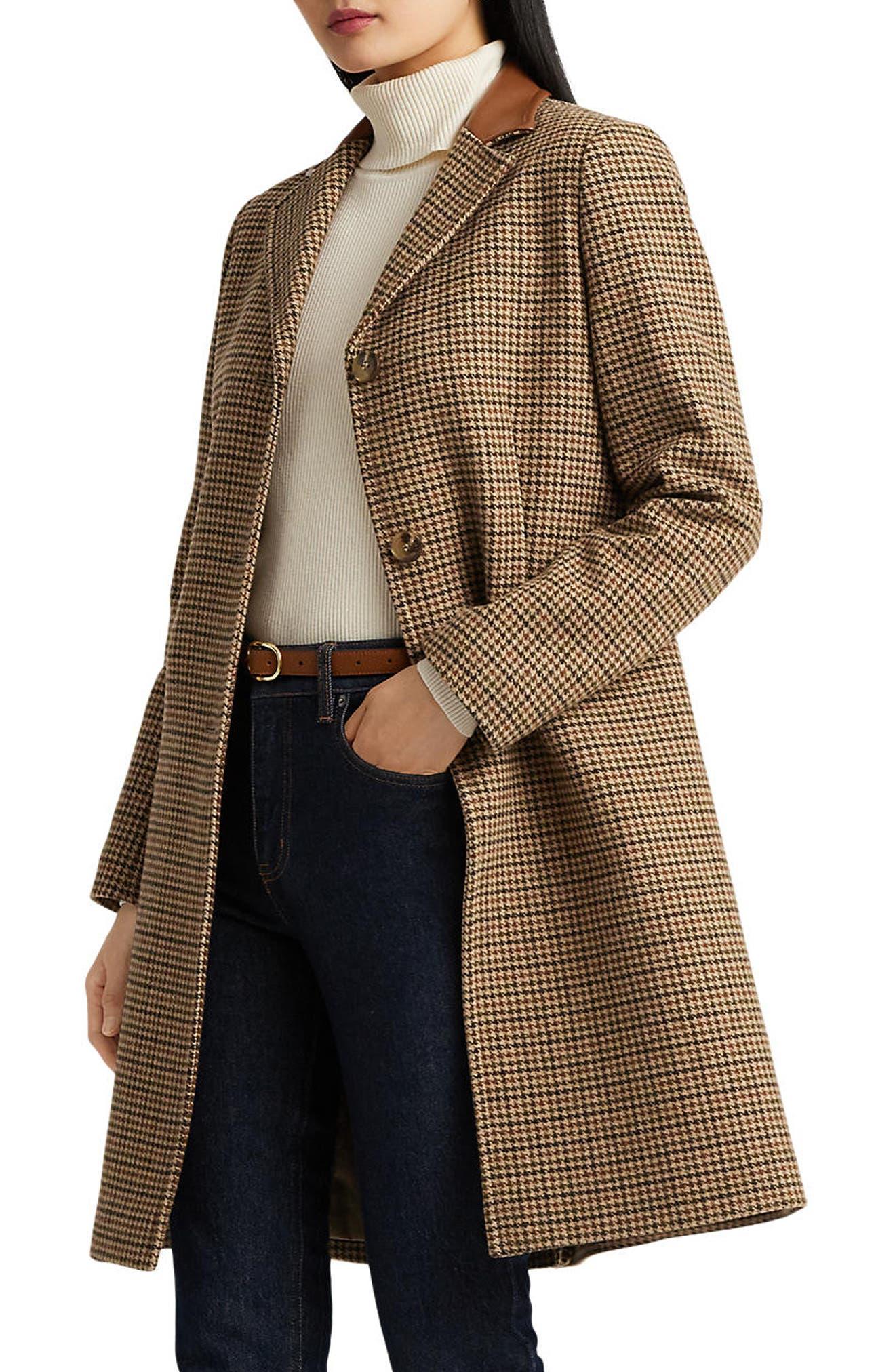 Lauren by Ralph Lauren Houndstooth Single Breasted Insulated Coat in Brown  | Lyst