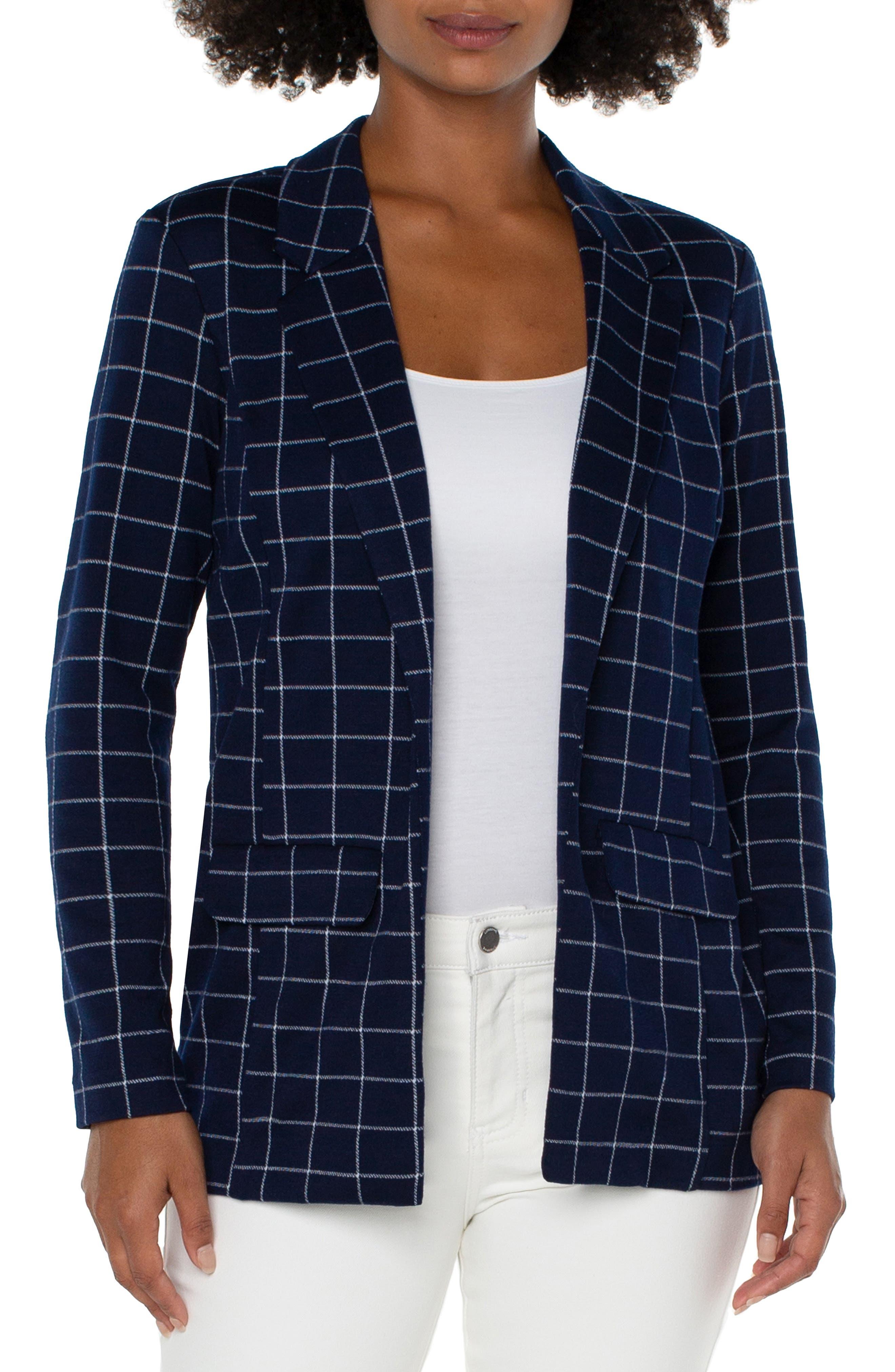 Liverpool Los Angeles Windowpane Plaid Knit Boyfriend Blazer in Blue Lyst