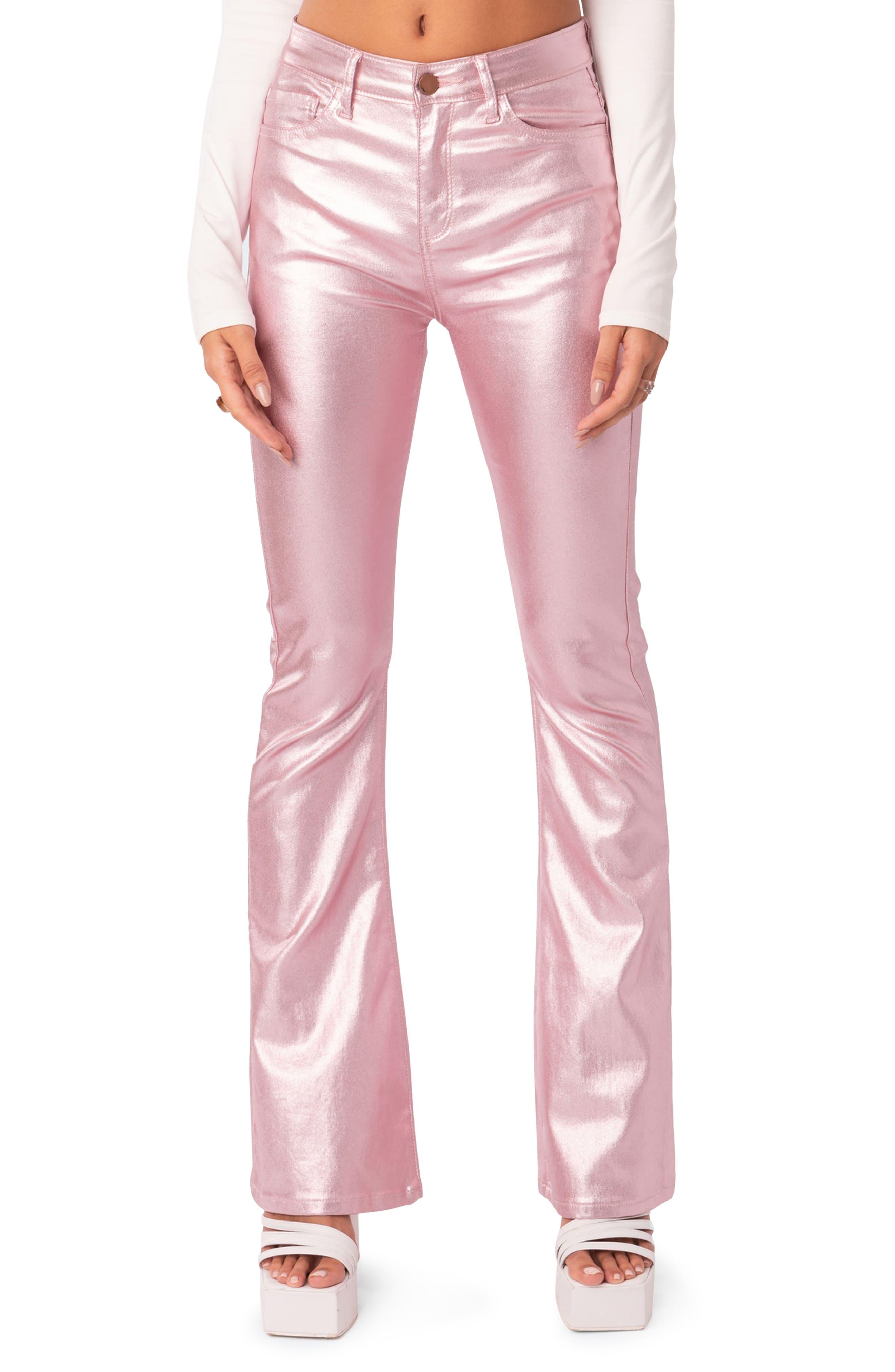 Edikted Luna Metallic Faux Leather Flare Jeans in Pink | Lyst