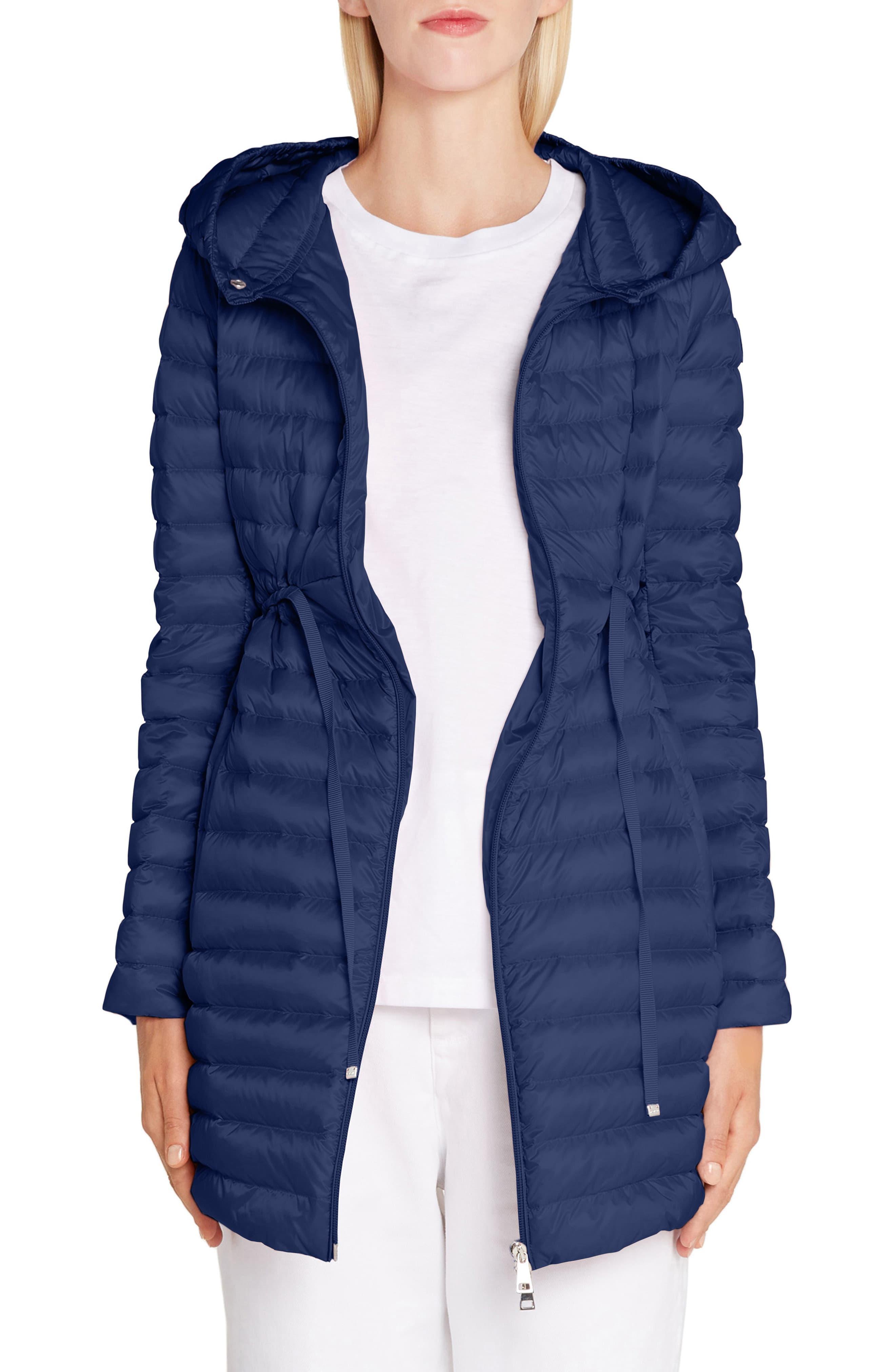 Moncler Synthetic Barbel Tie Waist Hooded Lightweight Down Coat in Navy (Blue) - Lyst