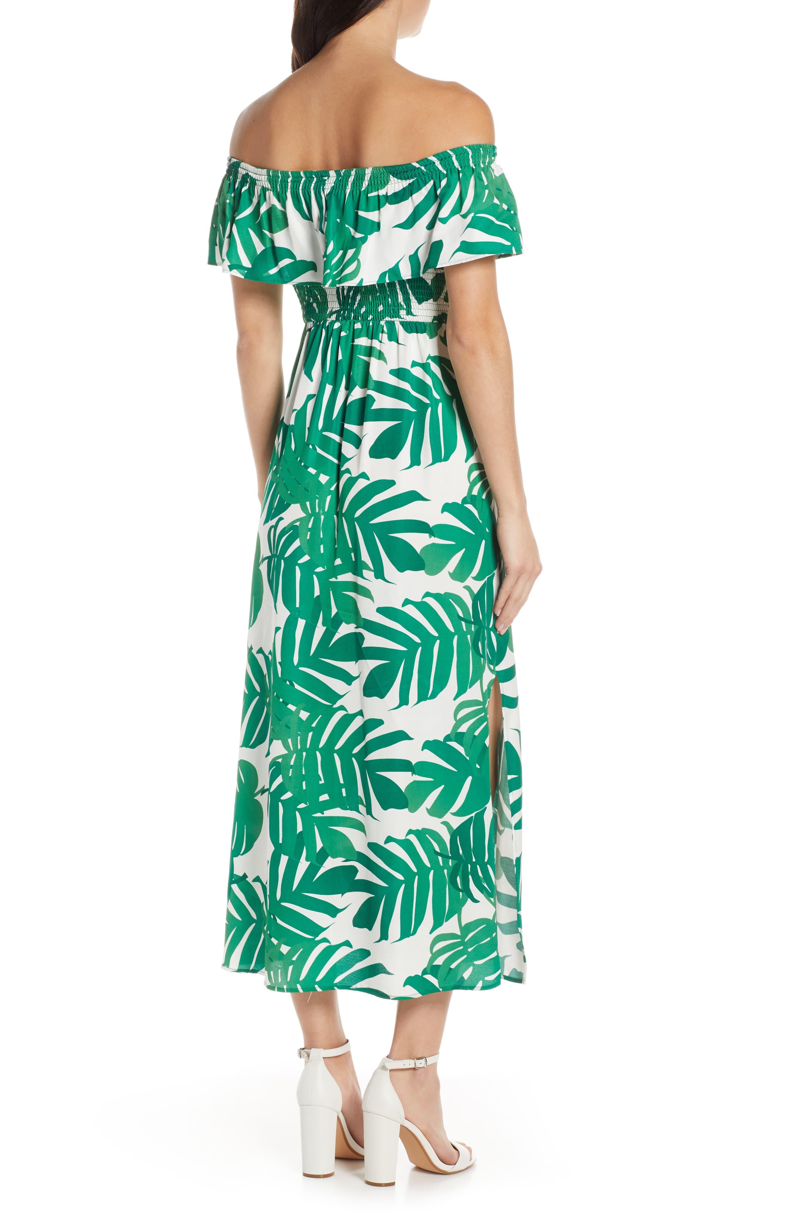Bardot Palm Leaf Print Off The Shoulder Maxi Dress in Green - Lyst