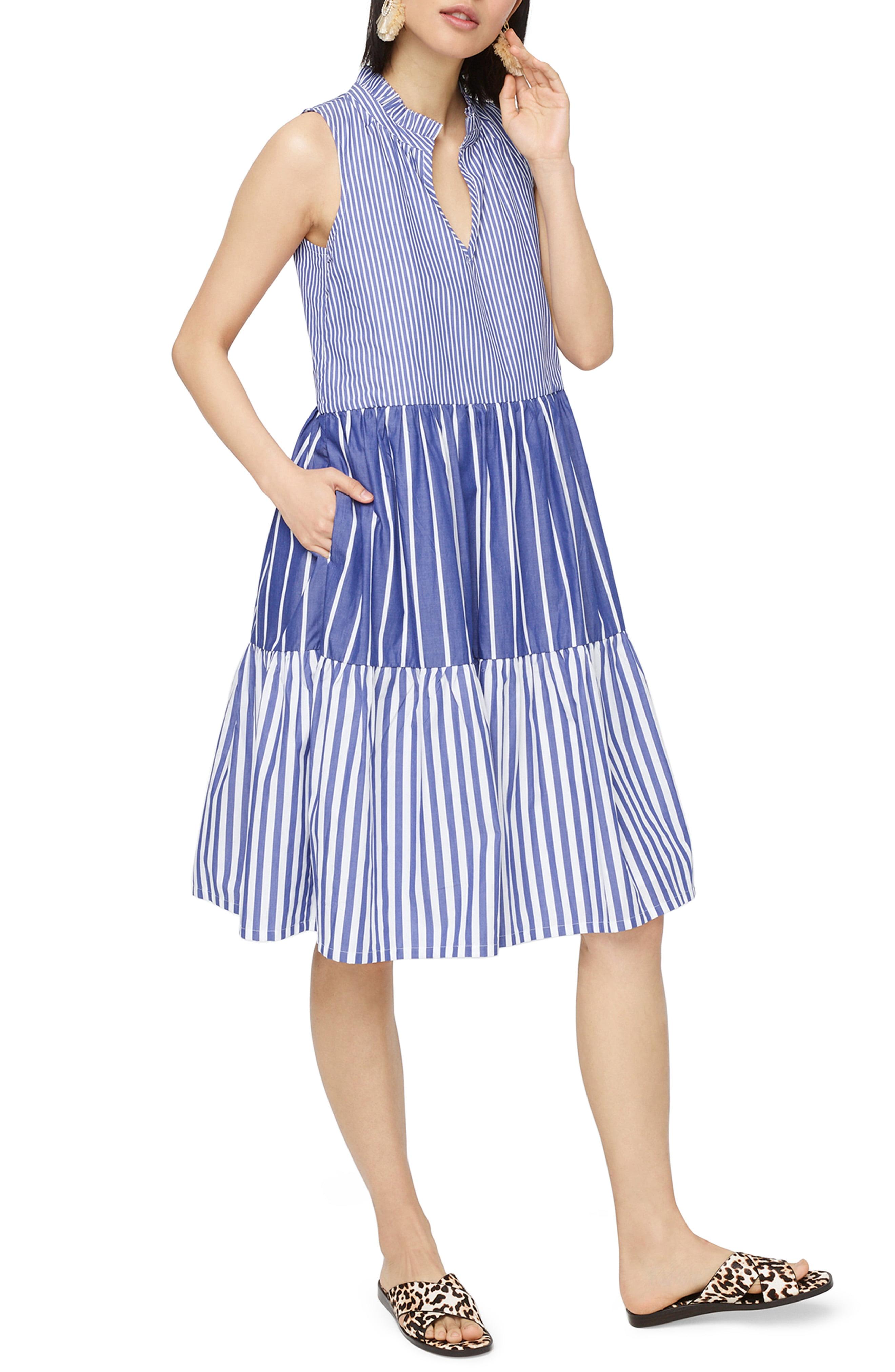 J Crew Mixed Stripe Sleeveless Tiered Popover Dress In Blue Save 30