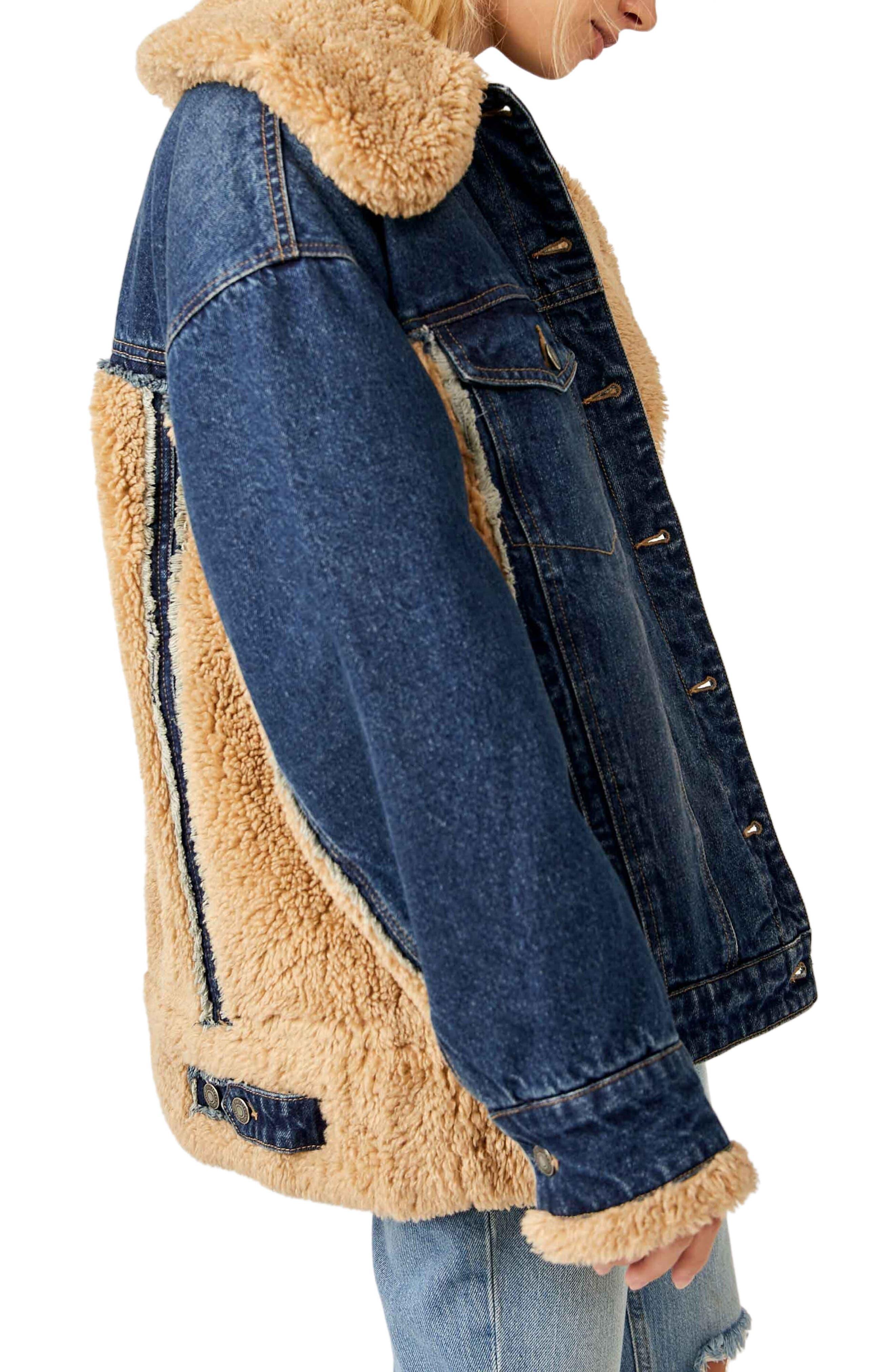 Faux shearling trim oversize denim trucker jacket sale