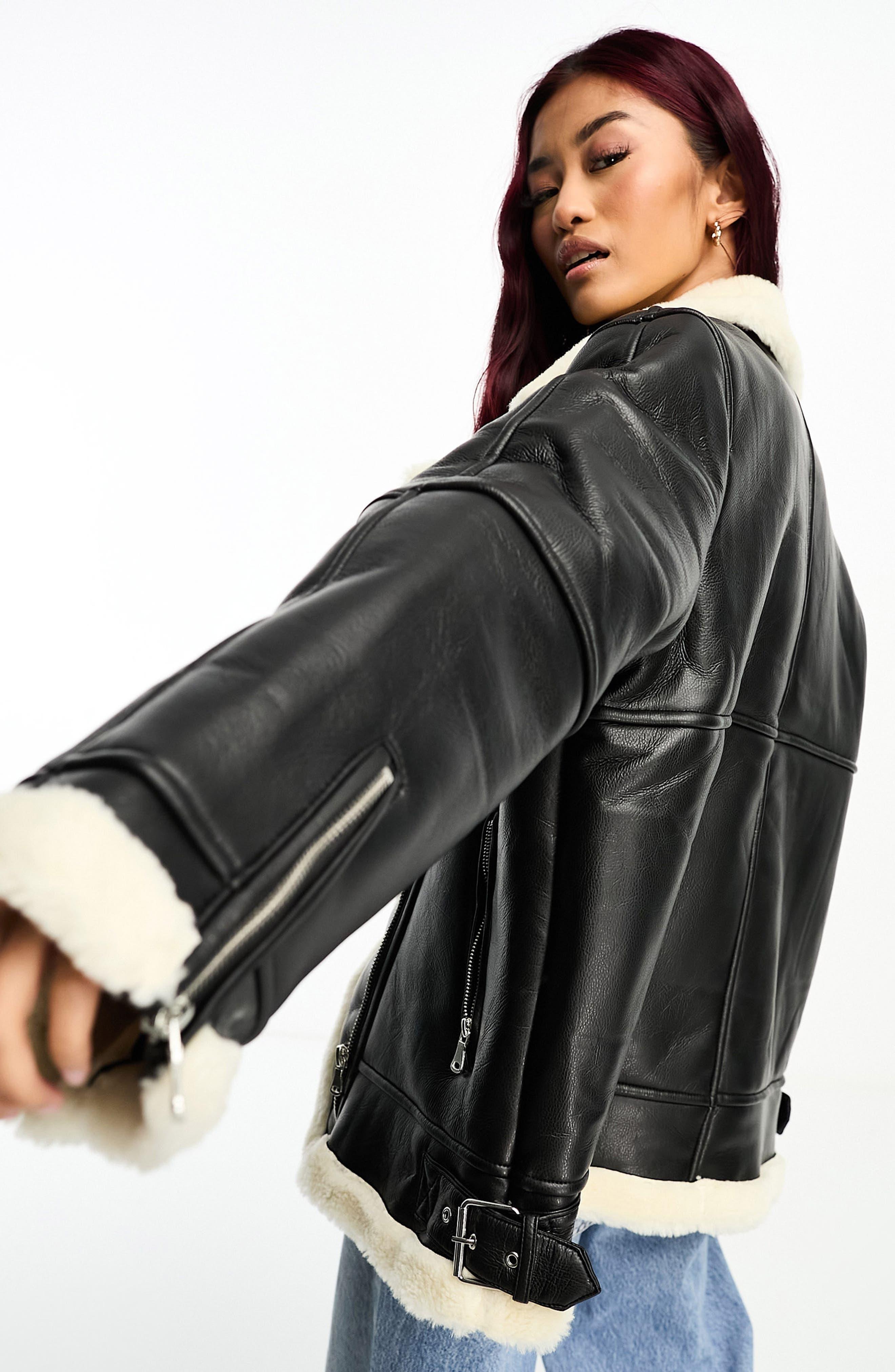 Tall faux fur trim bonded longline aviator jacket Clearance