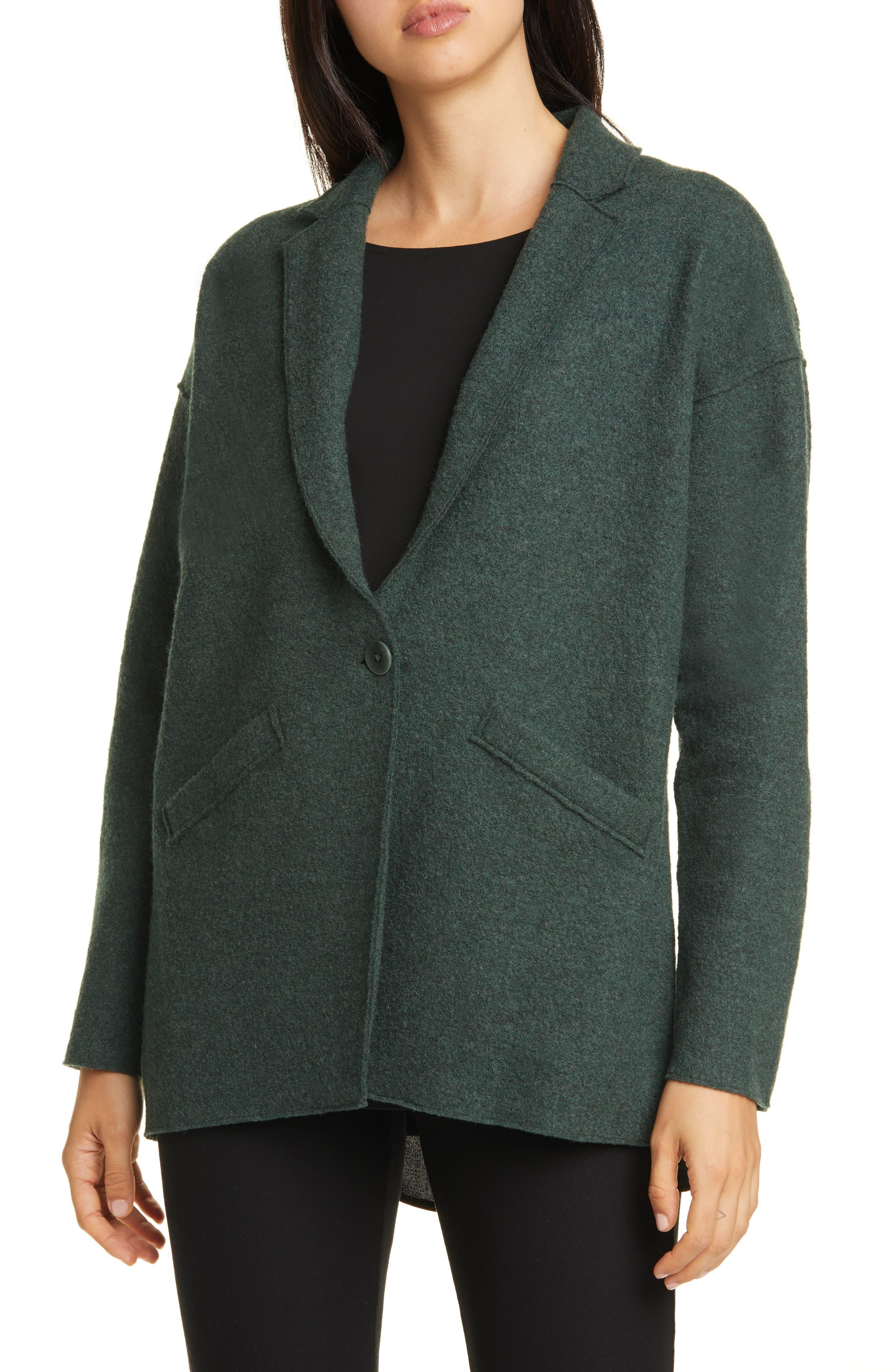 Eileen Fisher Notched Collar Oversize Wool Jacket in Black Lyst