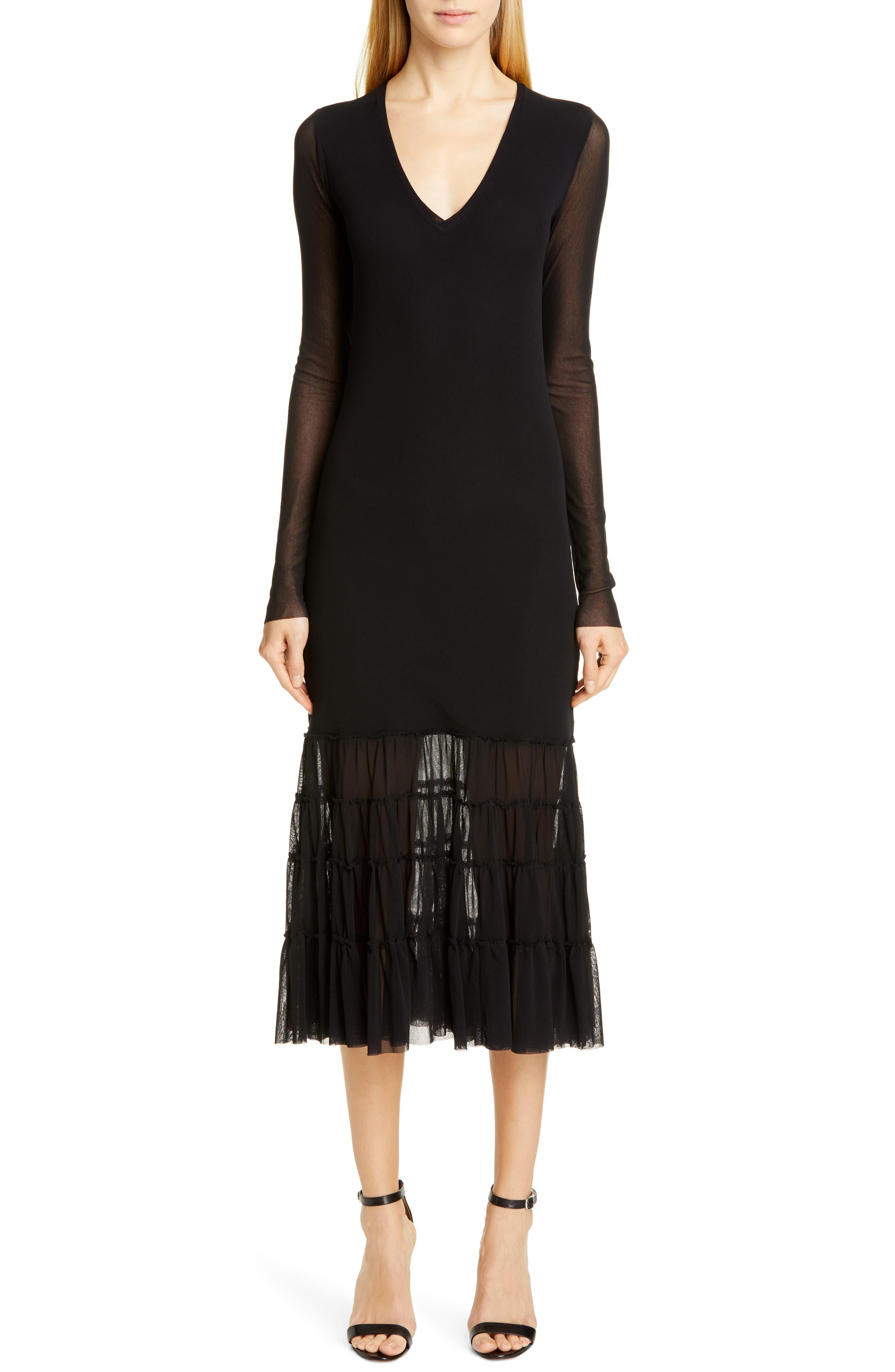 Fuzzi Tulle Interlocking Long Sleeve Tiered Midi Dress in Nero (Black ...