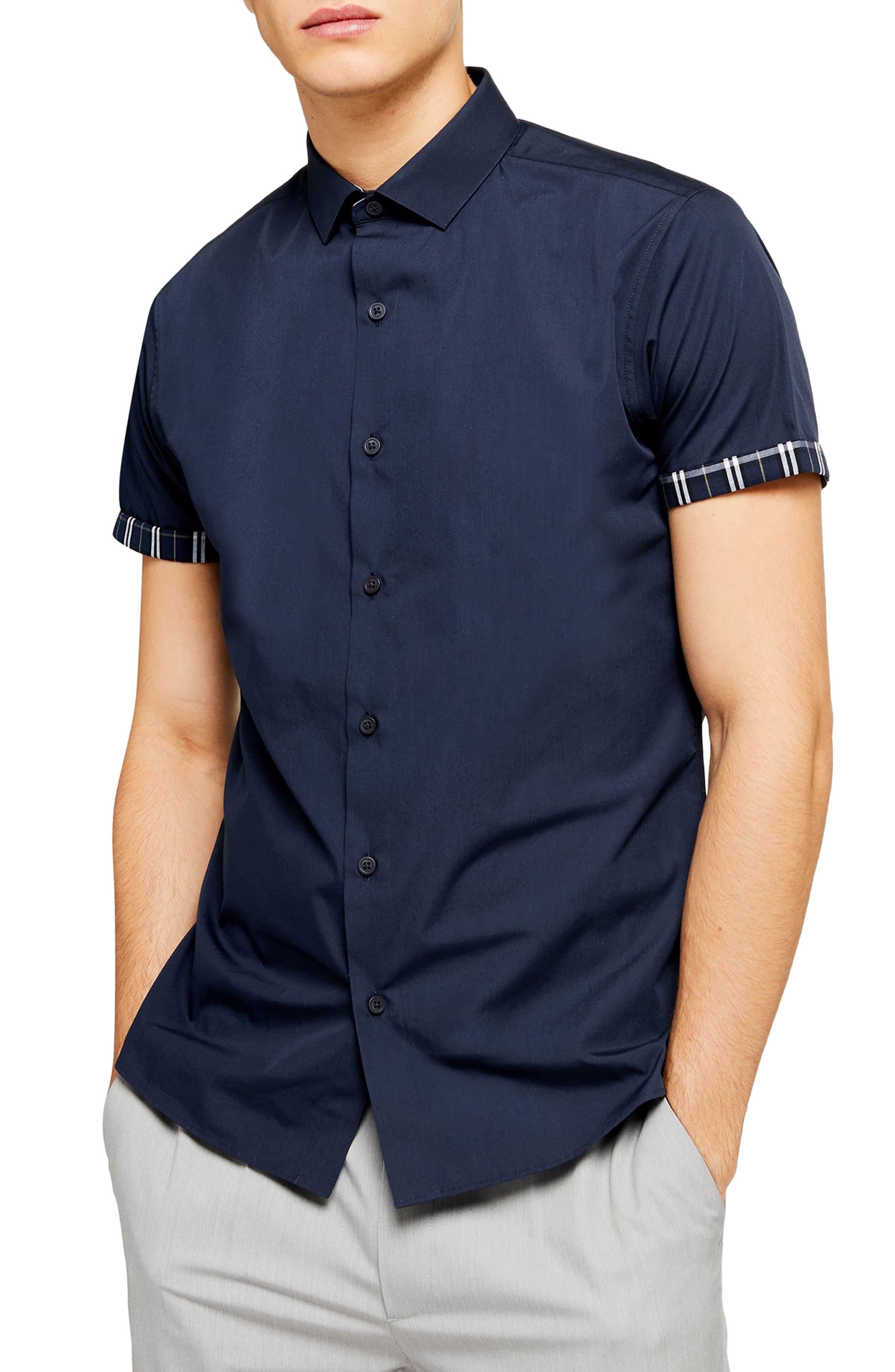 TOPMAN Slim Fit Contrast Cuff Short Sleeve Button-up Shirt in Blue for Men  | Lyst