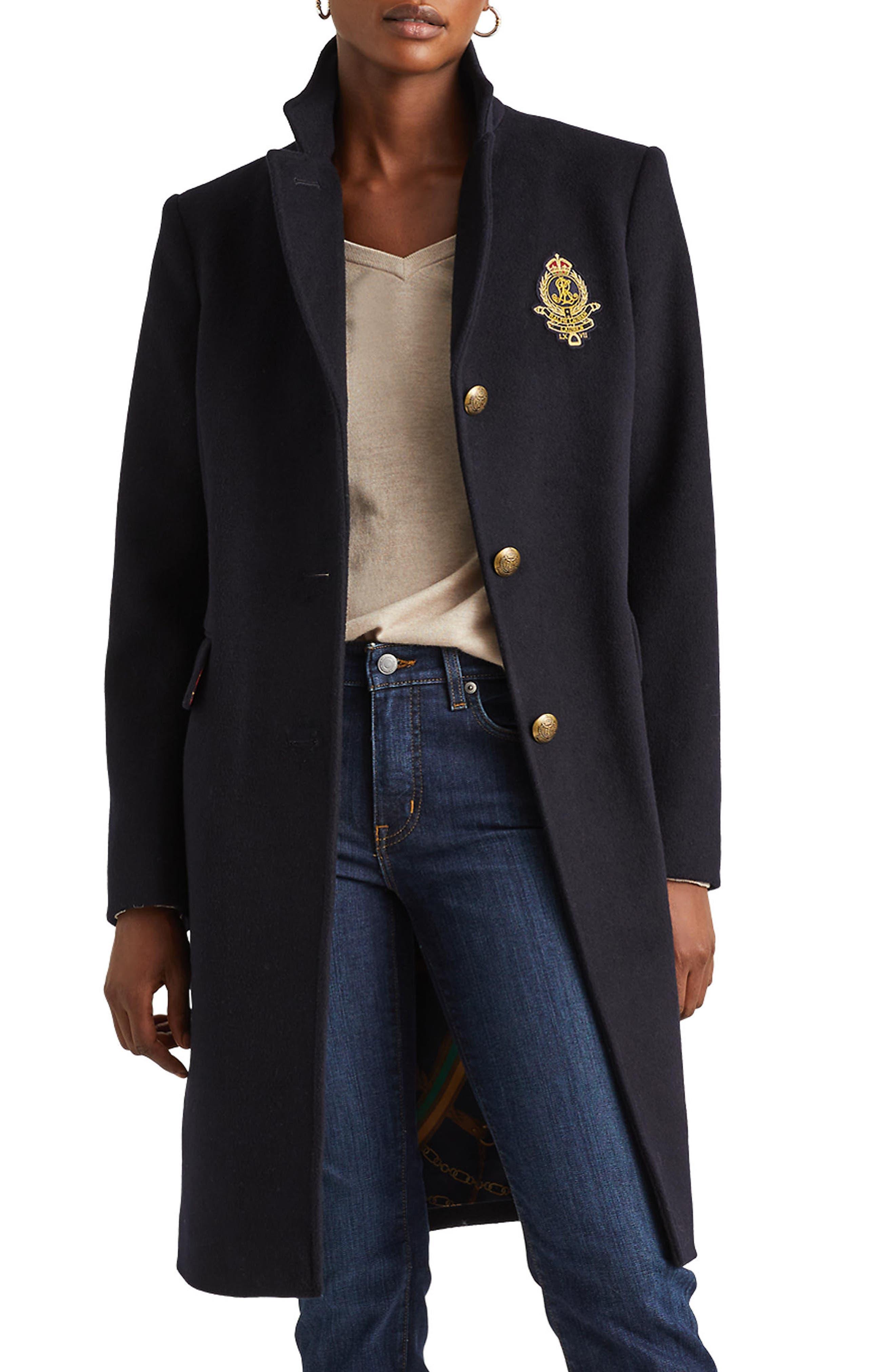 Lauren by Ralph Lauren Crest Patch Wool Blend Coat in Black Lyst