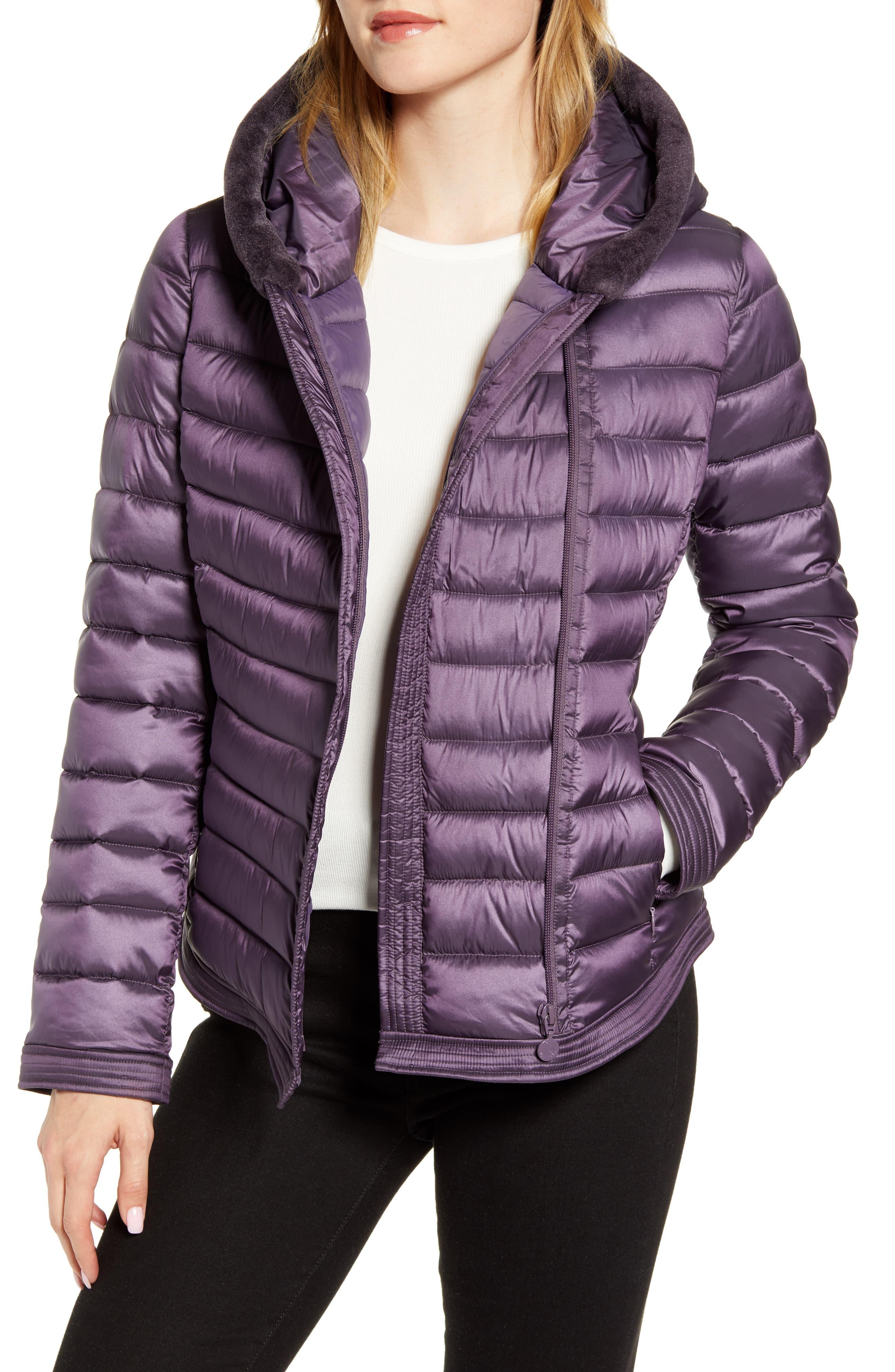 purple puffer jacket with fur hood