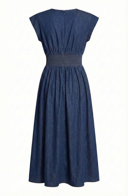 Modenaire Zip Front Sleeveless Denim Midi Dress With Smocked Waist Detail  in Blue | Lyst