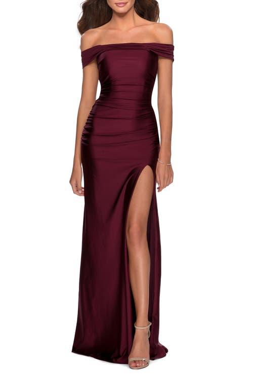 sachin and babi light blue dress La Femme Womens Burgundy Red Off-the-Shoulder Long Evening Gown Size 2