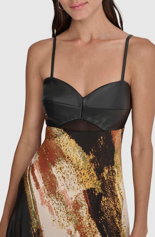 DKNY Print Faux Leather Trim Maxi Dress in Black | Lyst