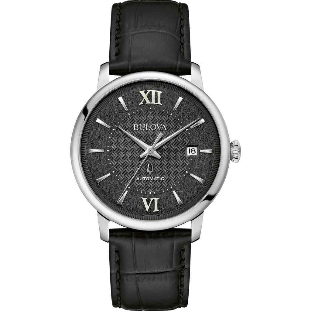 Bulova men's black leather strap watch hot sale