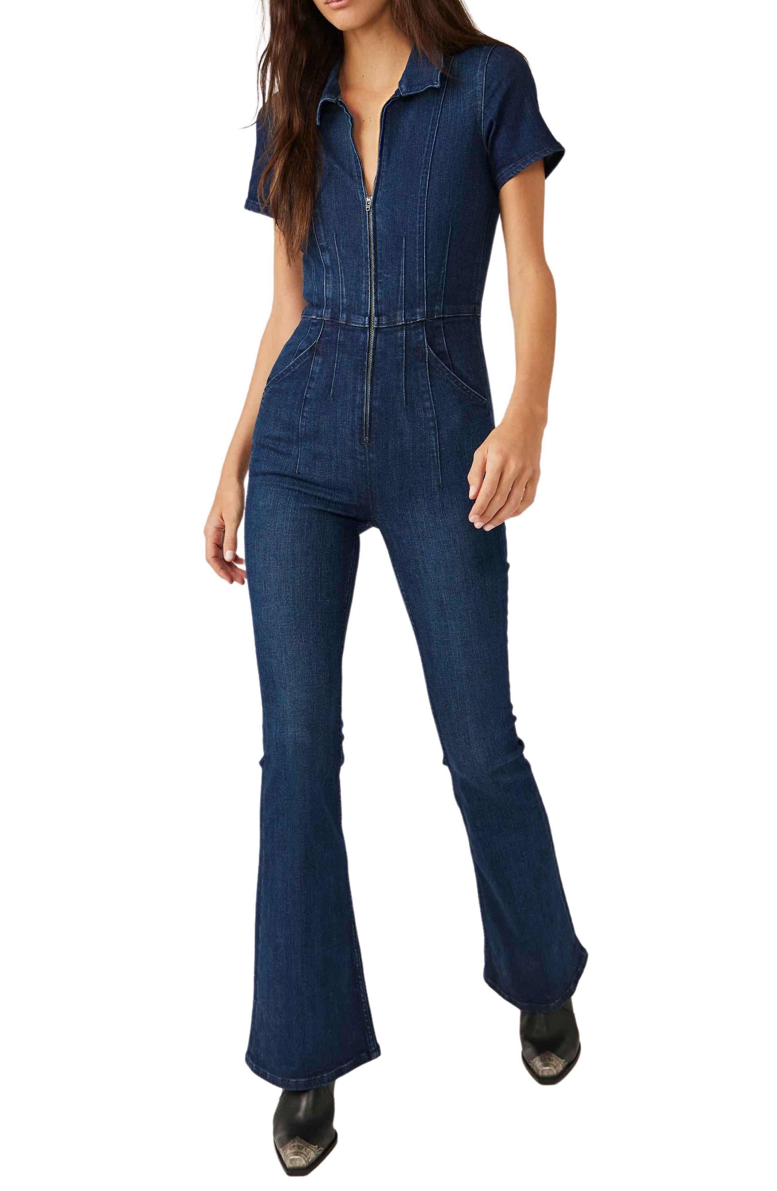 Free People Jayde Denim Flared Jumpsuit in Blue | Lyst