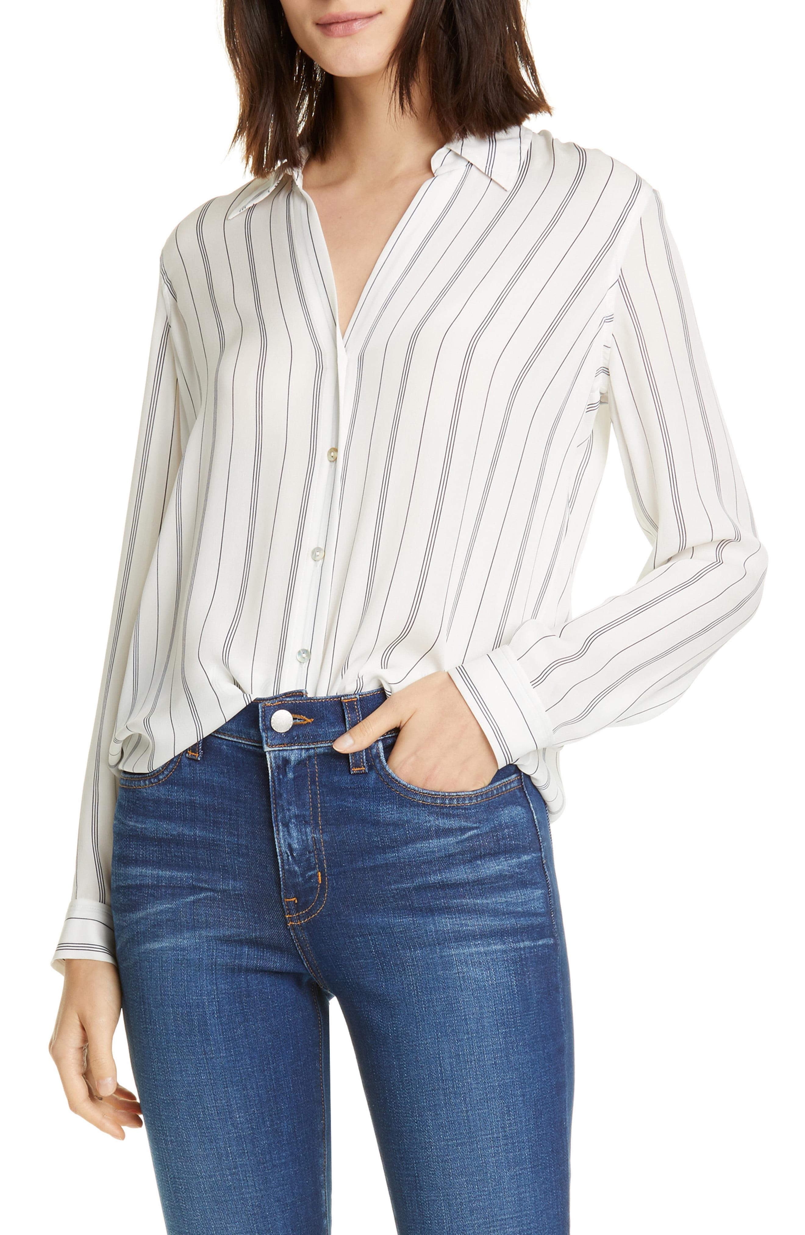 L'Agence Silk Nina Striped Long-sleeve Blouse in Ivory/Navy Stripe ...