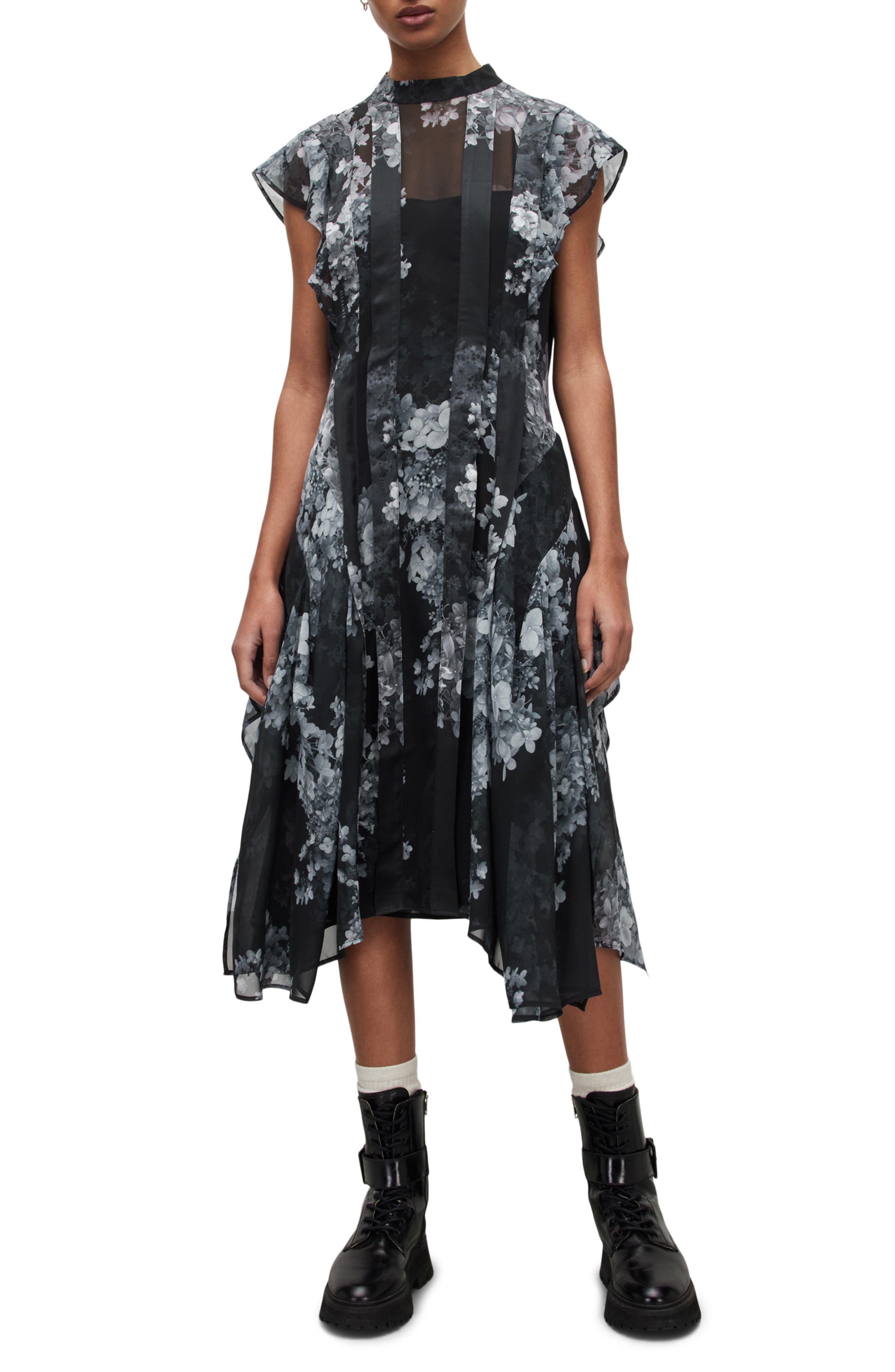 AllSaints Freya Floral Midi Dress in Black Lyst