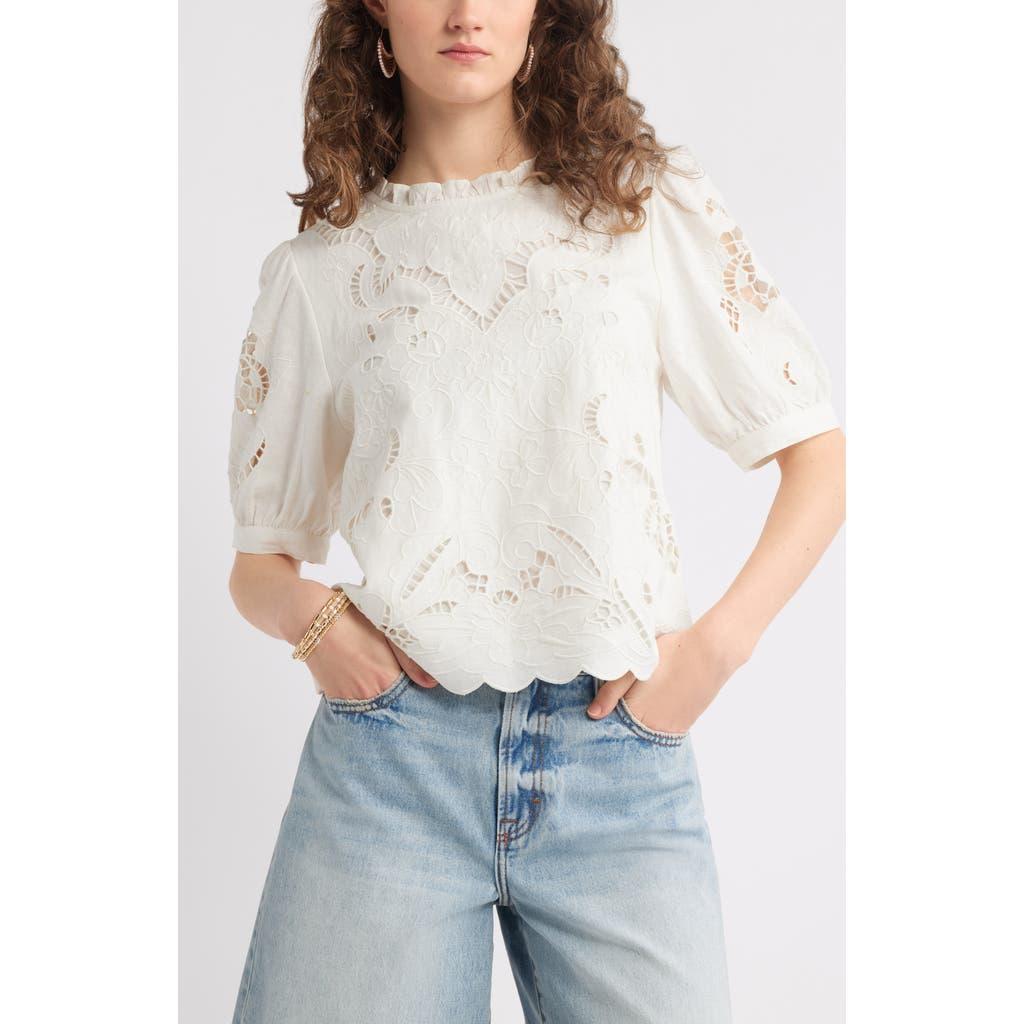 Treasure & Bond Embroidered Cutwork Puff Sleeve Linen Blend