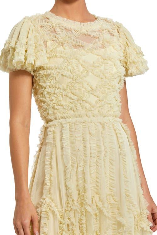 Mac Duggal Solid Mesh Dotted Micro Ruffle High Neck Gown in